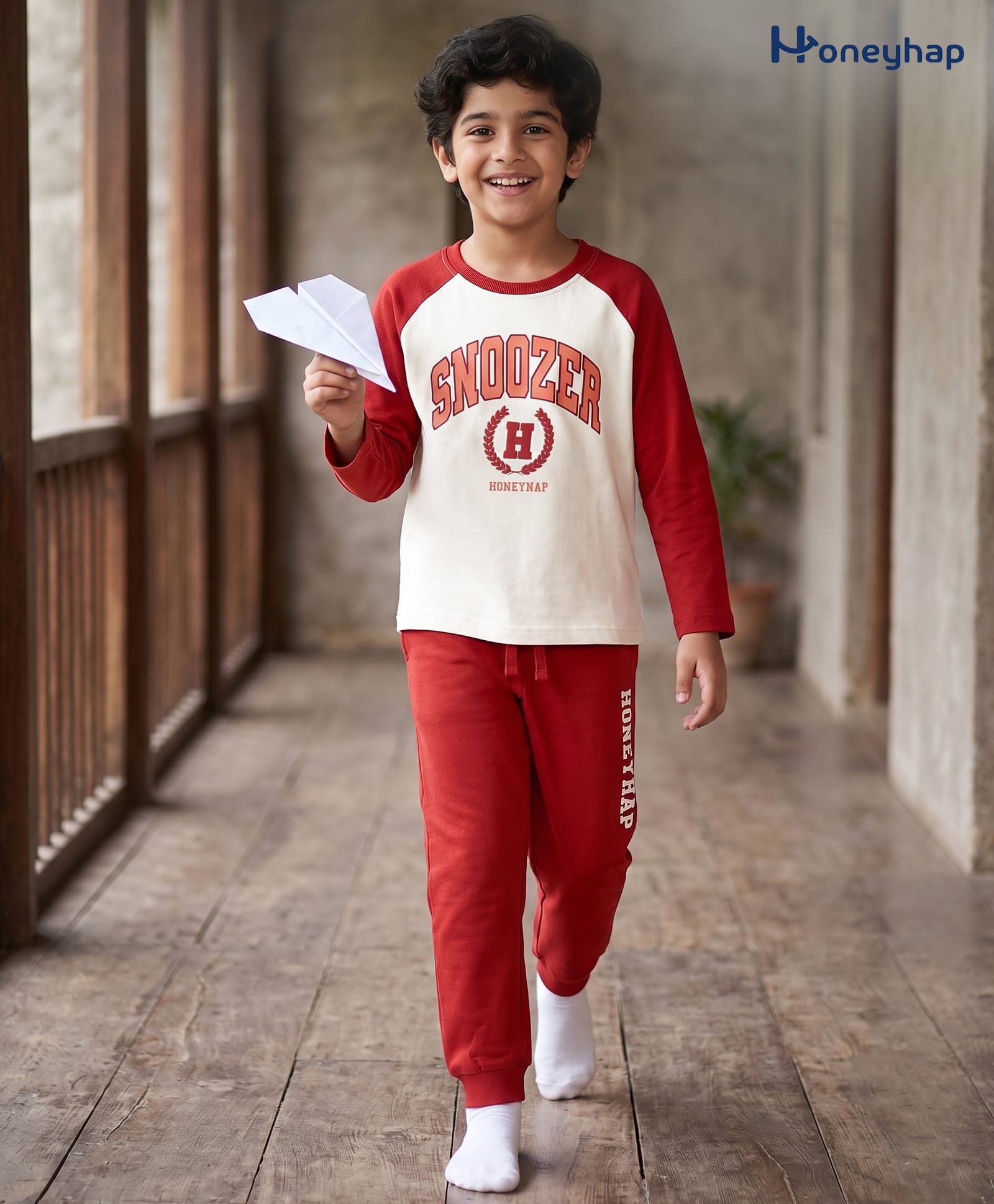 Honeyhap Premium 100% Cotton Knit Full Raglan SleevesT-Shirt & Pyjama Night Suit with Text Print & Bio Finish - Marshmallow & Pompeian Red-image-4