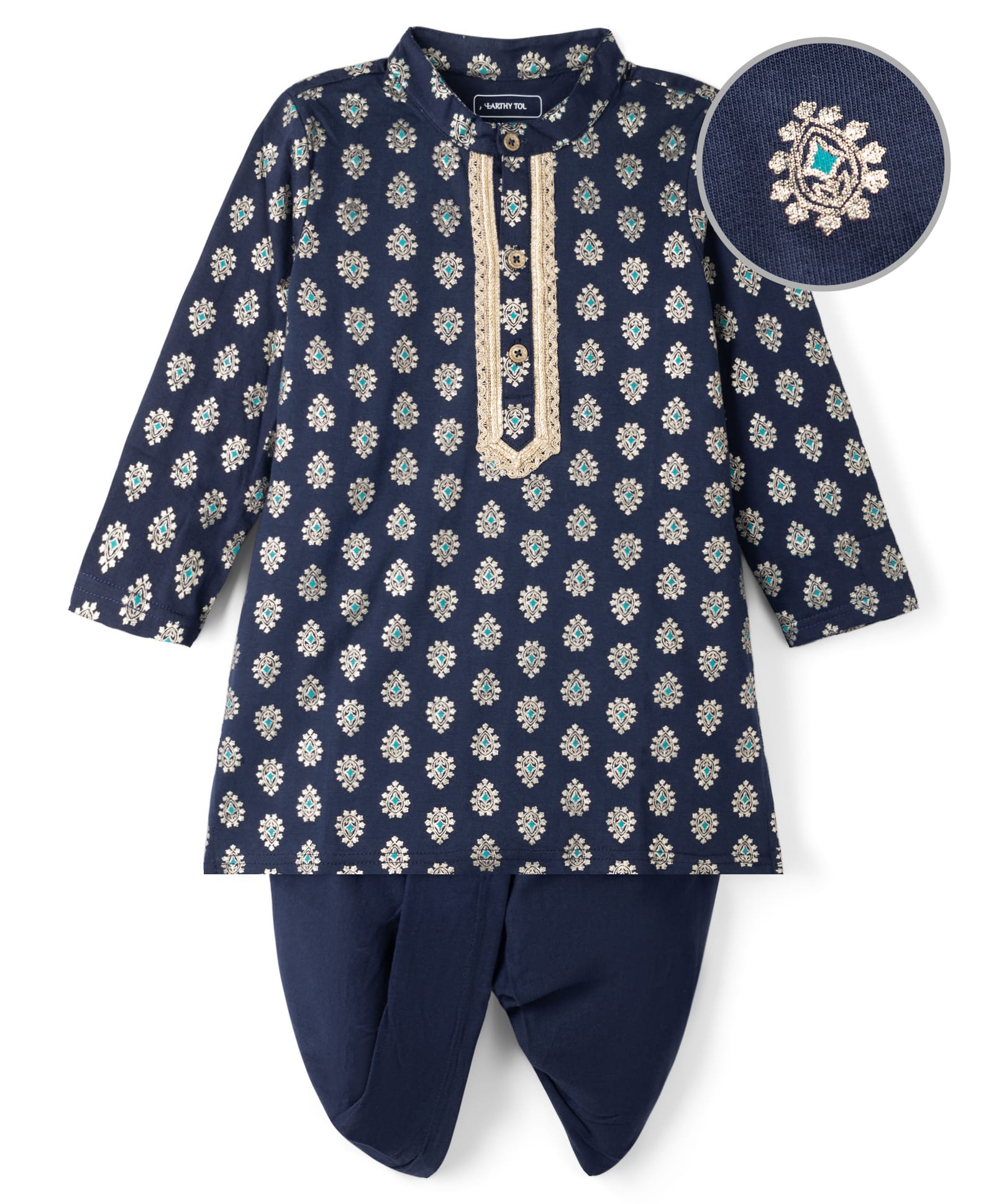 EARTHY TOUCH Cotton Jersey Knit Full Sleeves Kurta Dhoti Set With Floral Foil Print - Navy-image-20