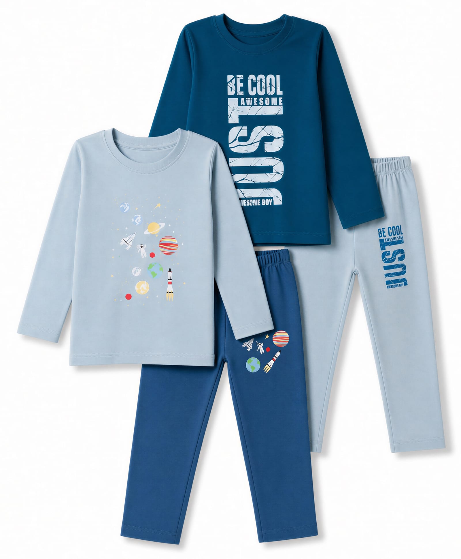 OHMS Single Jersey Knit Full Sleeves Space Theme & Text Printed T-Shirts & Pants Pack Of 2 - Navy & Light Blue-picture-23