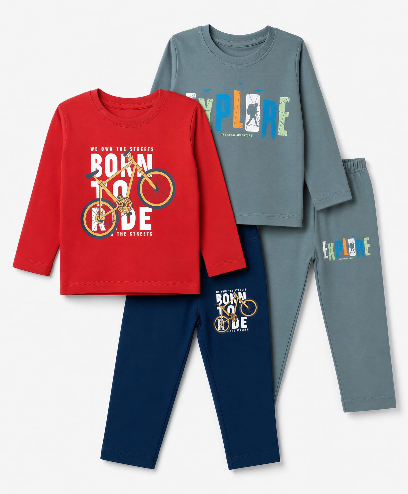 OHMS Single Jersey Knit Half Sleeves T-Shirt & Pant Set With Text & Bicycle Print Pack of 2 - Navy Blue, Grey & Red-picture-16