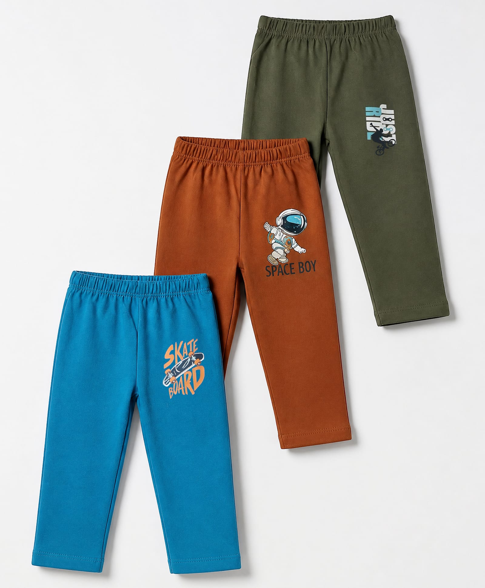 OHMS Single Jersey Knit Full Length Lounge Pants With Space & Text Print Pack of 3 - Blue, Red & Black-picture-27