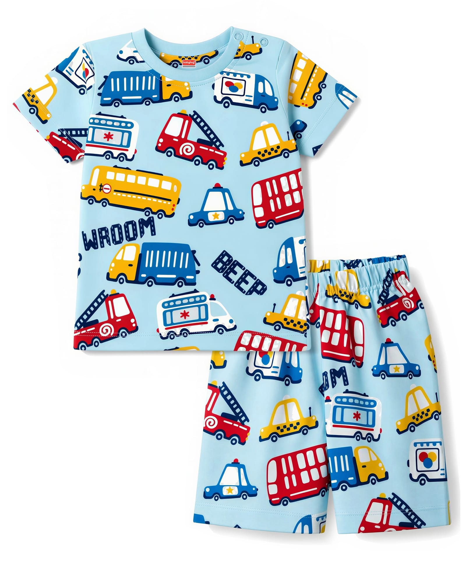 Babyhug Cotton Knit Half Sleeves Vehicles Printed Co-Ords T-Shirt & Shorts Night Suit - Light Blue-image-22