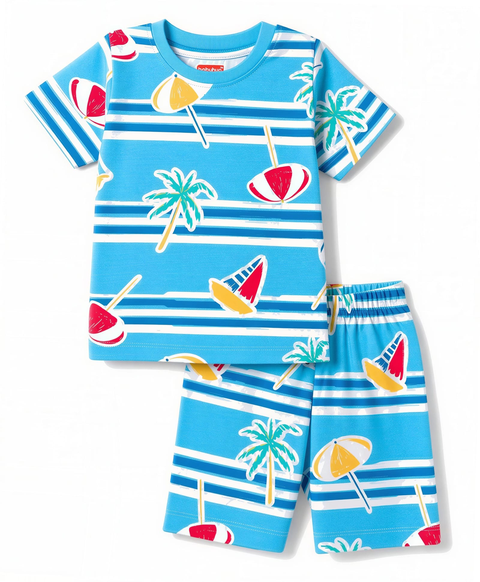 Babyhug Cotton Knit Half Sleeves Co-ords Beach Printed T-Shirt & Shorts Night Suit - Blue-image-19
