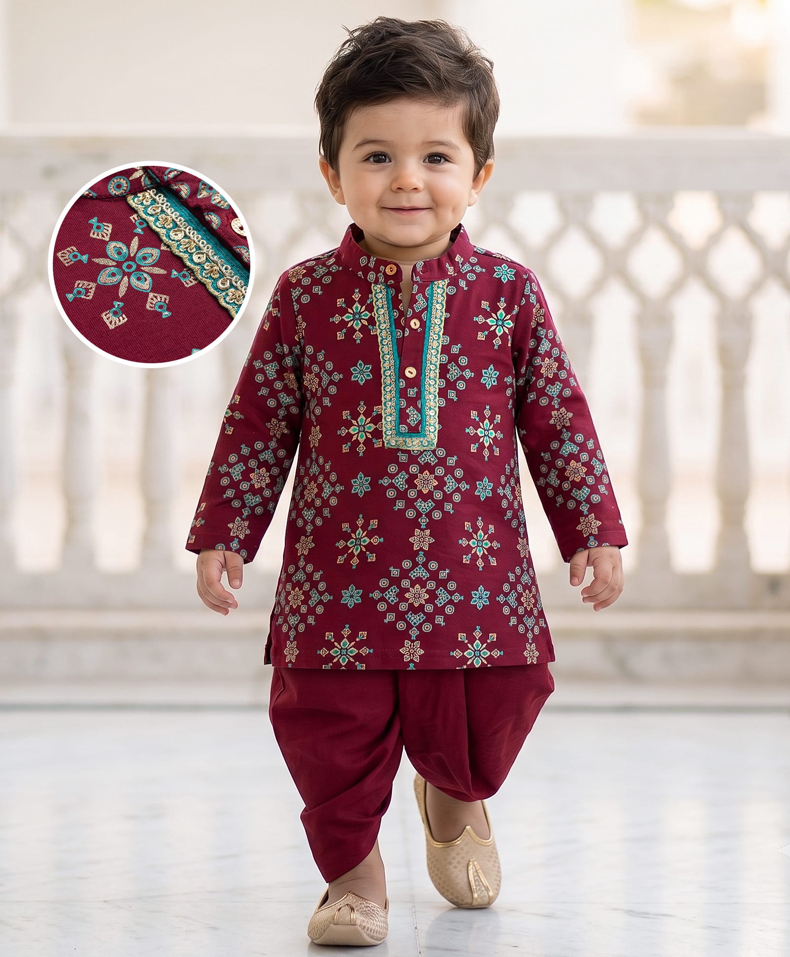 EARTHY TOUCH Cotton Jersey Knit Full Sleeves Kurta Dhoti Set With Neck Detailing & Floral Print - Maroon-picture-14