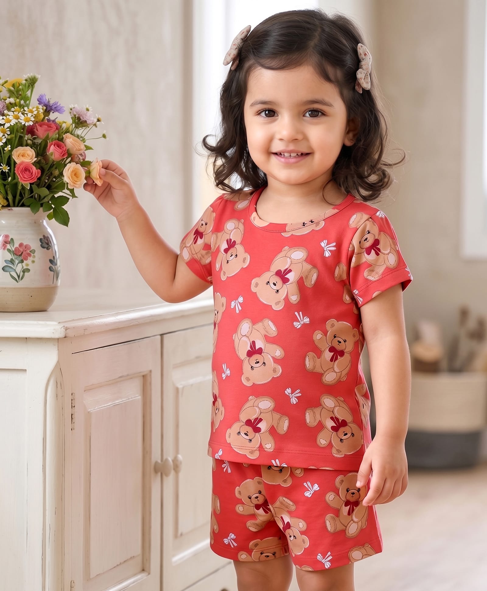 Babyhug Cotton Knit Half Sleeves T-Shirt & Shorts Night Suit Co-ords With Teddy Bear Print - Red-image-37