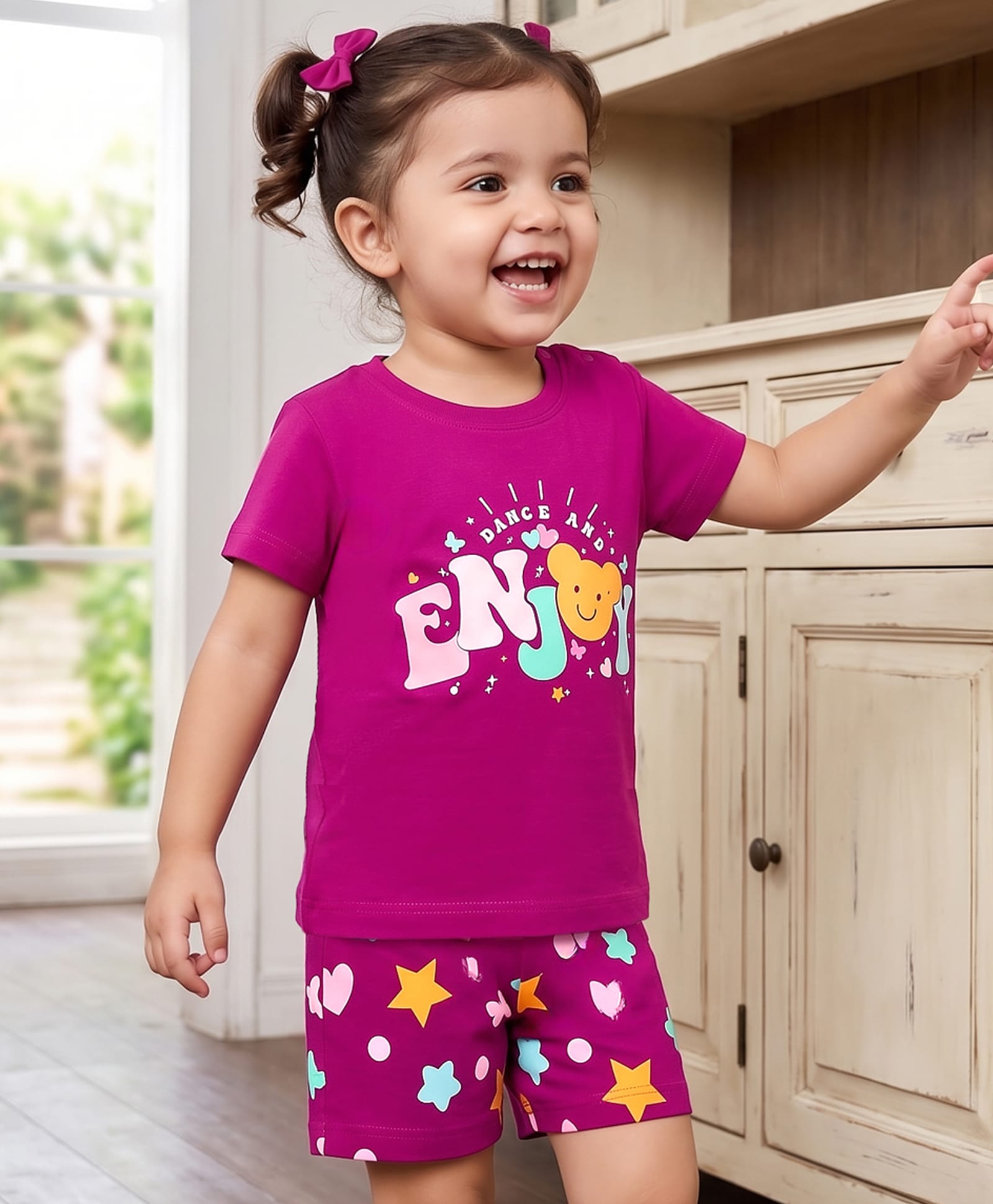 Babyhug Cotton Knit Half Sleeves T-Shirt & Shorts Night Suit With Star & Text Print - Purple-image-16