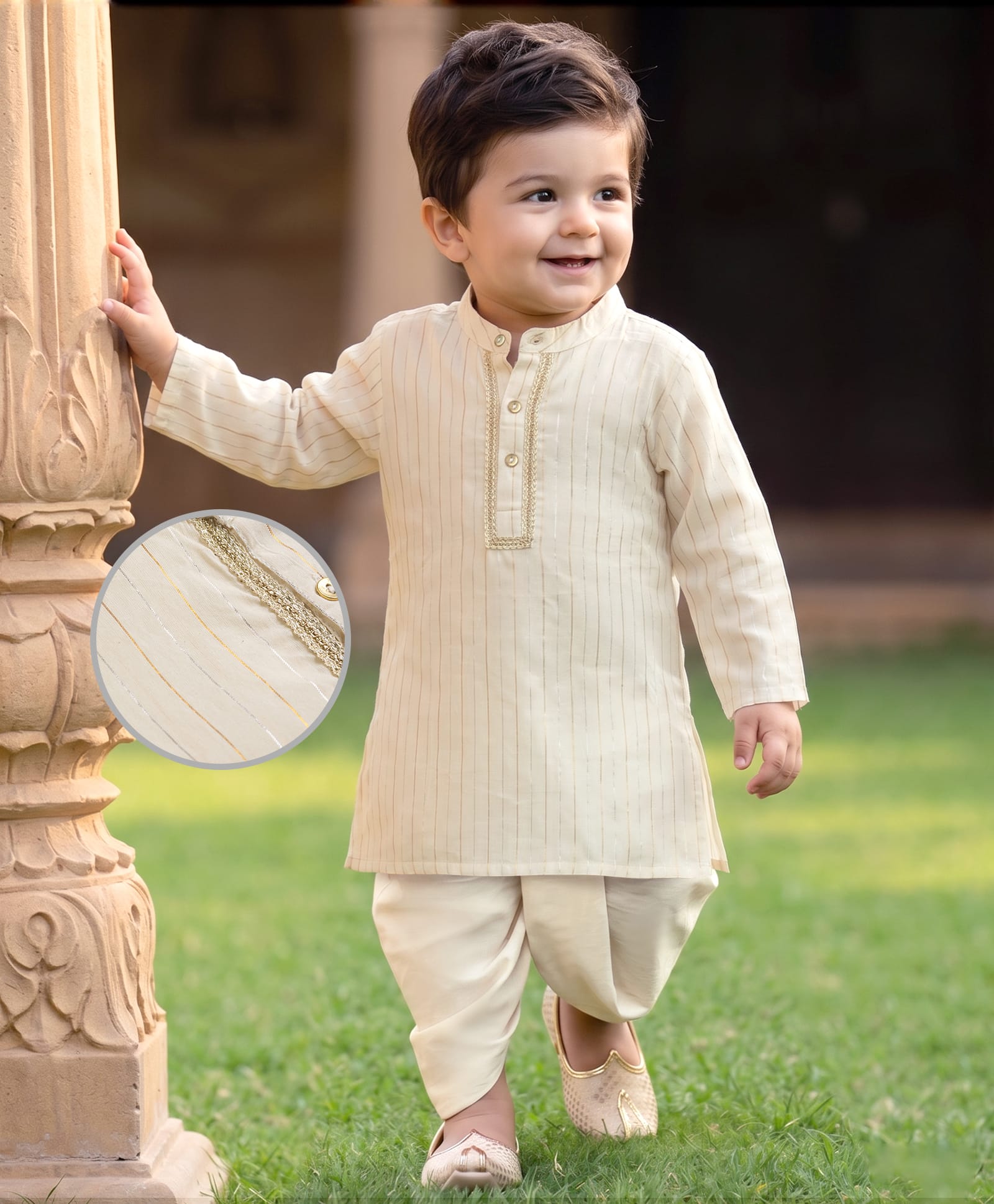 EARTHY TOUCH Cotton Woven Full Sleeves Striped Kurta & Dhoti Set - OffWhite-picture-21