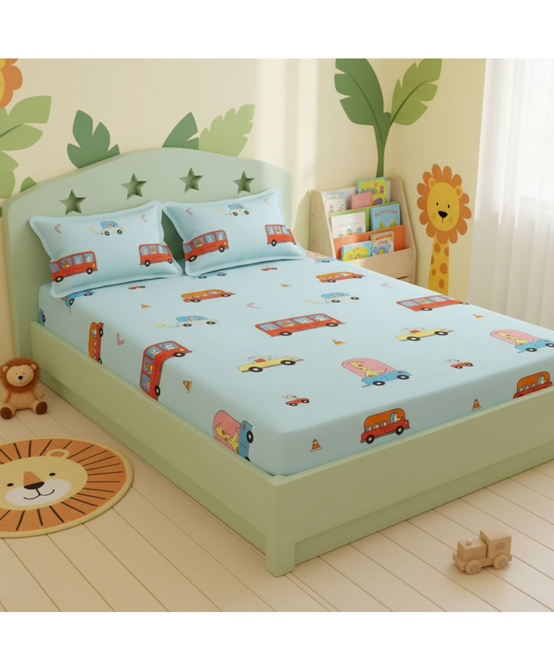 FILYMORE Cute Bus Printed Flat Bedsheet for Double Bed with 2 Pillow Covers, Soft Microfiber, Fits Up to 6-Inch Mattress - Blue-image-7