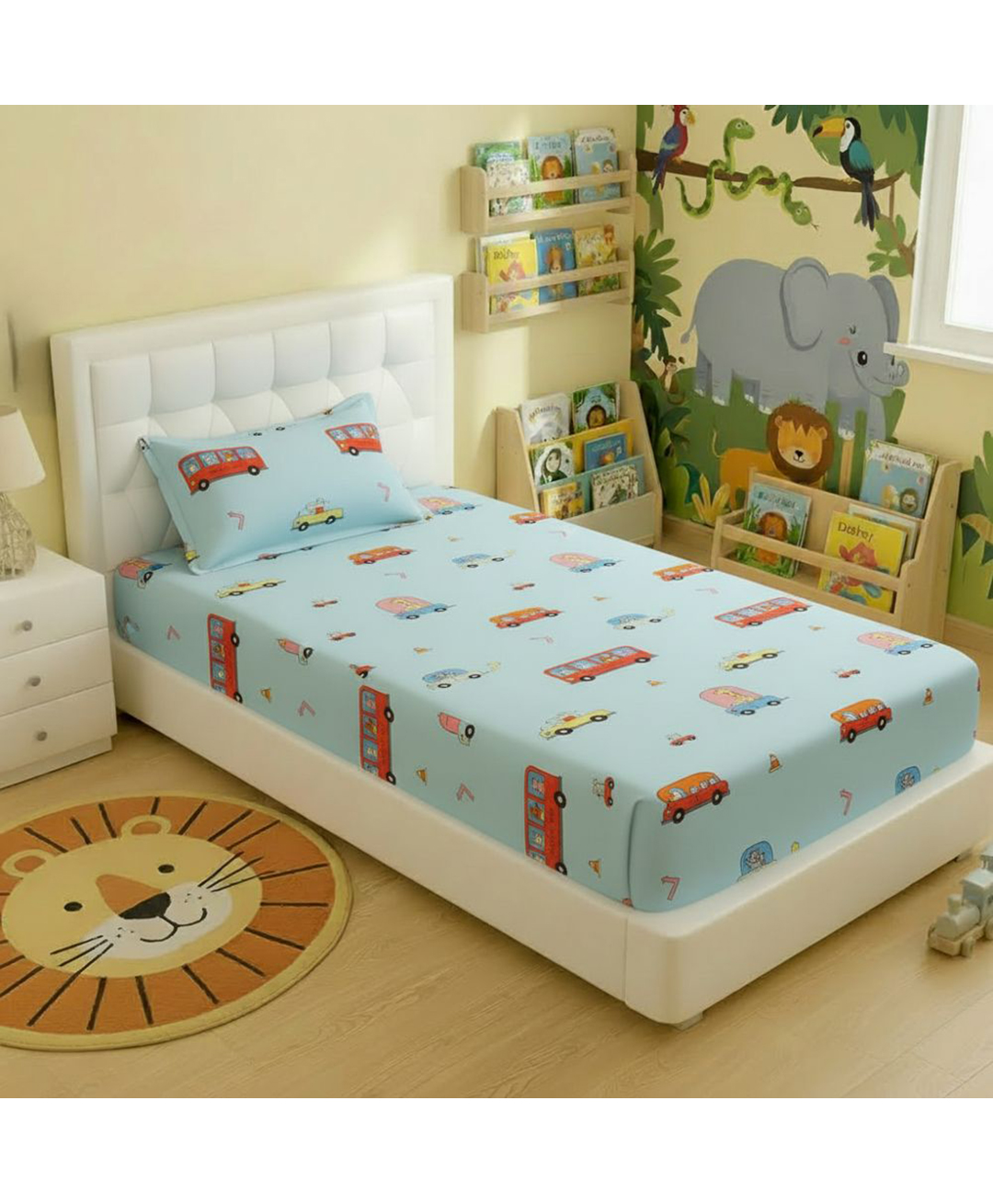 Filymore Cute Bus Printed Single Bedsheet for Kids Girls Room, Super Soft Microfiber, 1 Bedsheet with 1 Pillow Cover - Blue & Red-image-25