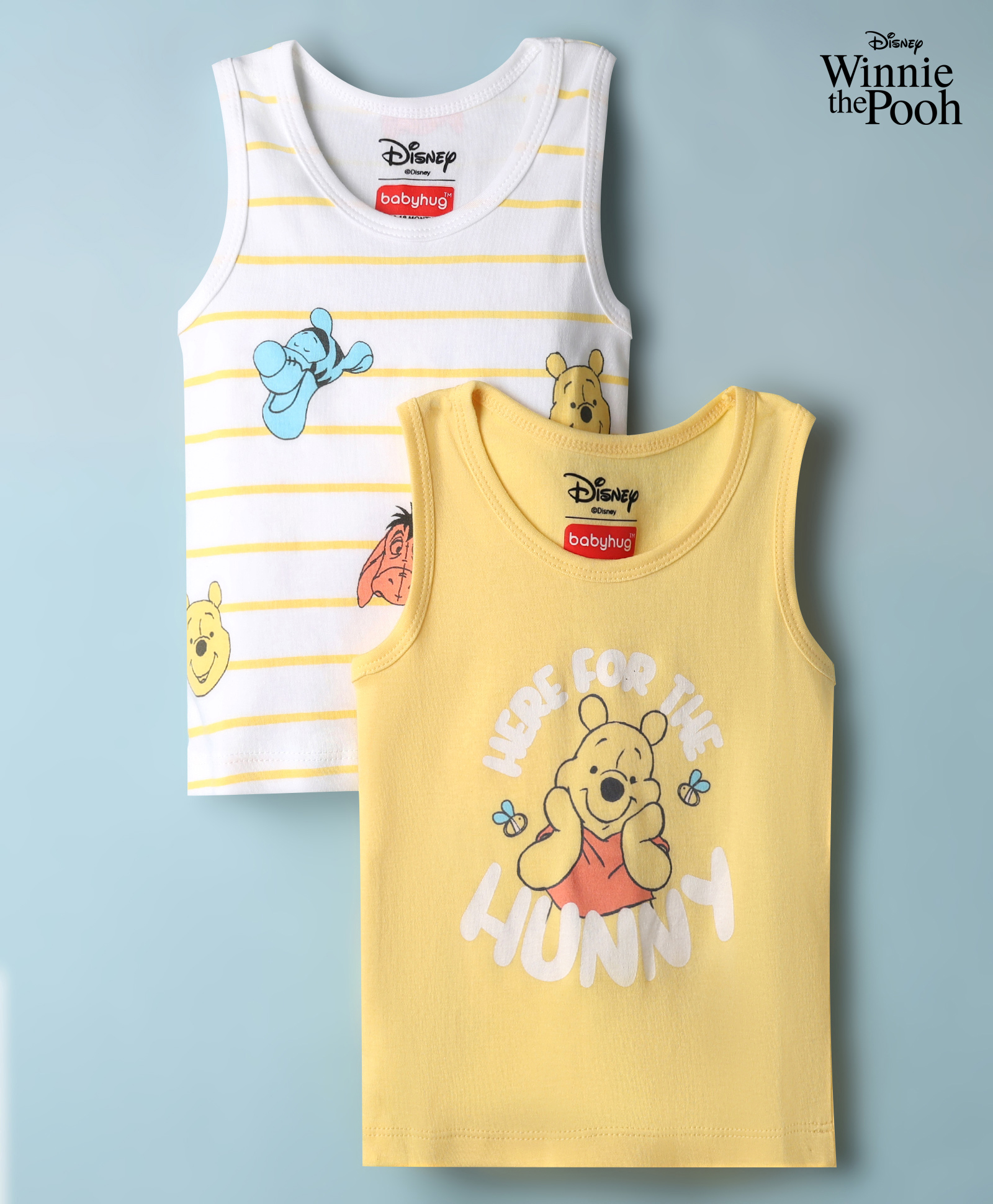 Babyhug Disney Single Jersey Knit Sleeveless Striped Vest With Winnie the Pooh Graphic Pack of 2 - White & Yellow-image-25
