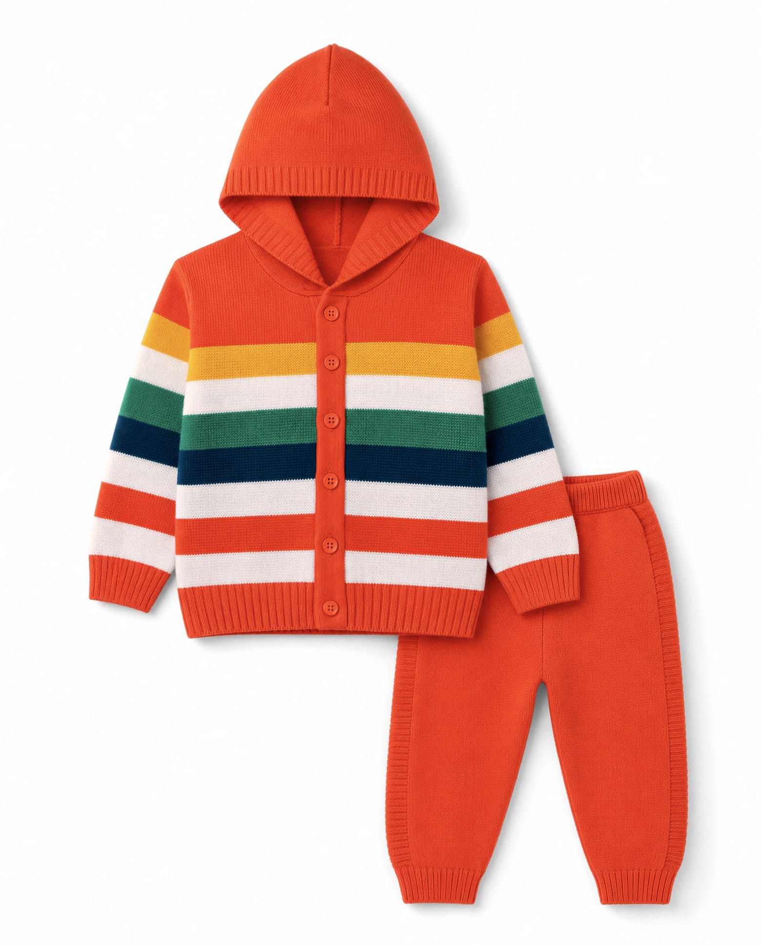 Babyhug Knit Full Sleeves Hooded Sweater Set With Stripes - Orange-picture-16
