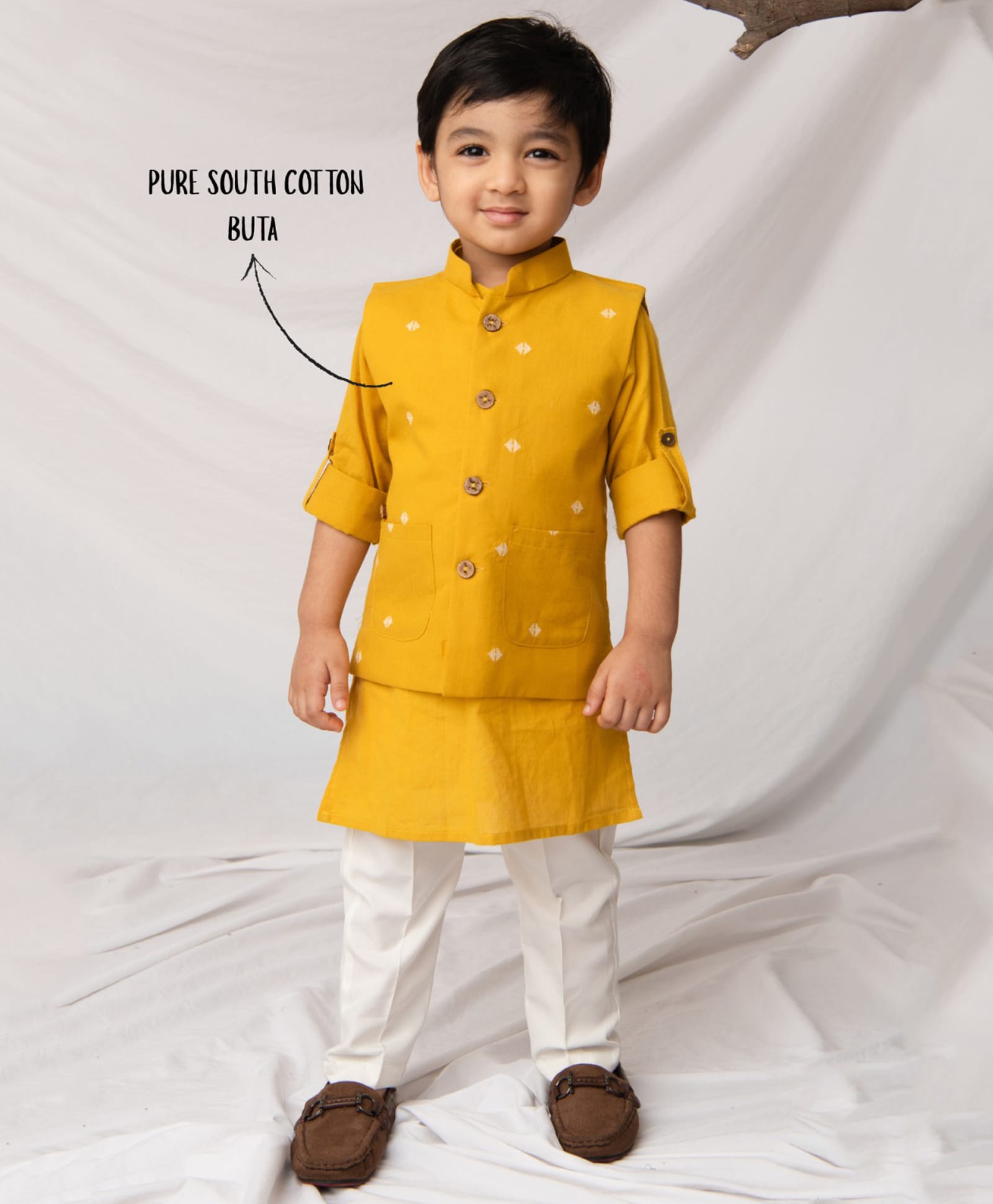 LITTLE COLLARS Cotton Woven Half Sleeves Solid Kurta & Pyjama Set With Jacket - Mustard-picture-38