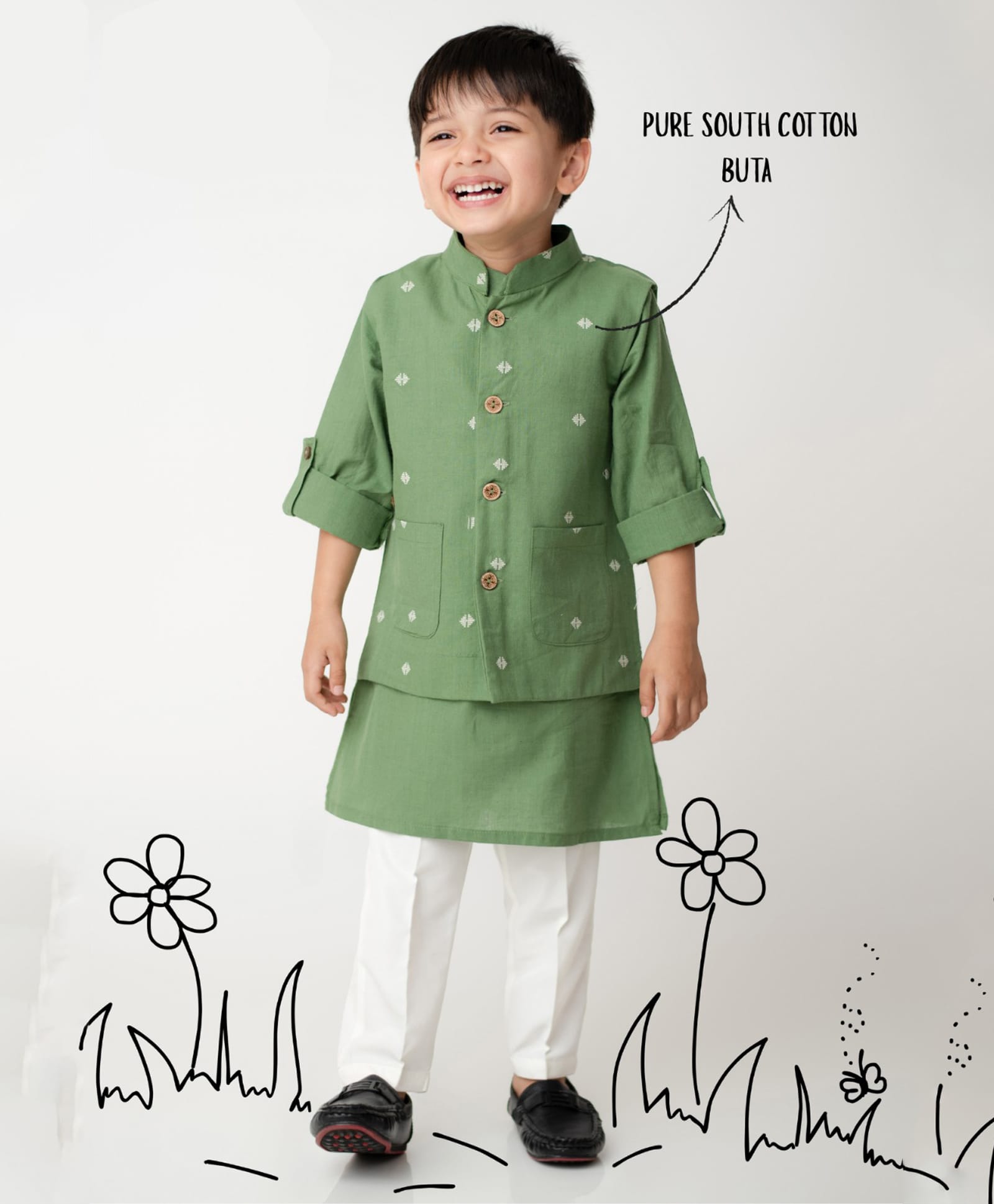 LITTLE COLLARS Cotton Woven Half Sleeves Solid Kurta & Pyjama Set With Jacket - Green-picture-2