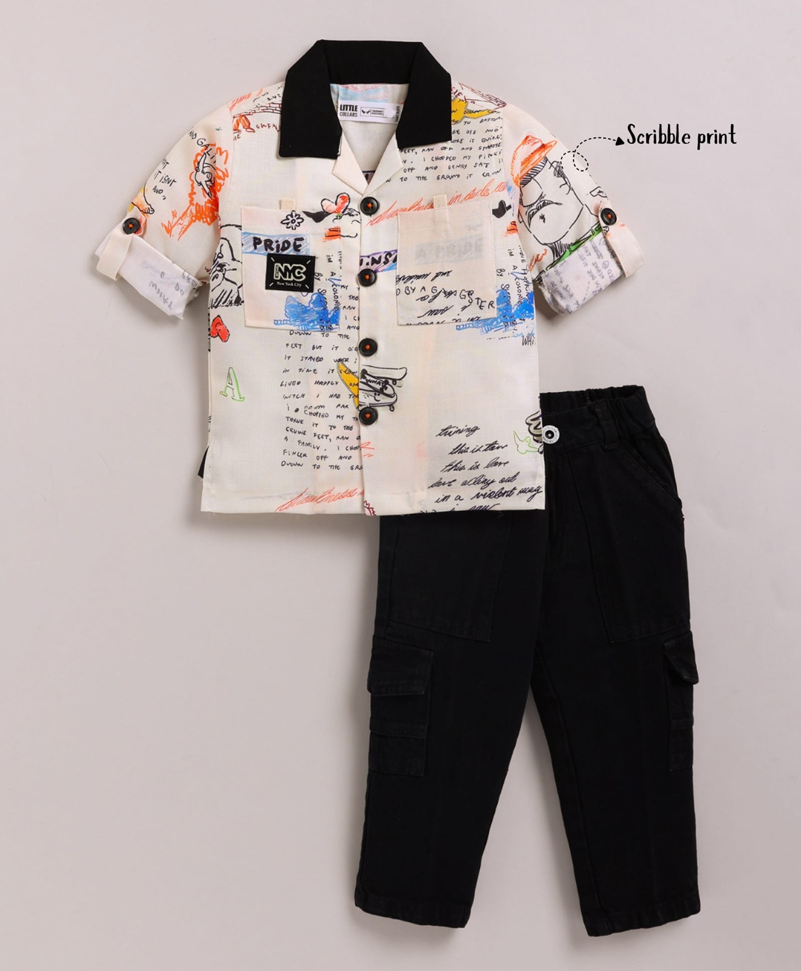LITTLE COLLARS Blended Woven Half Sleeves Typography Printed Shirt & Trouser Set - Beige-picture-26