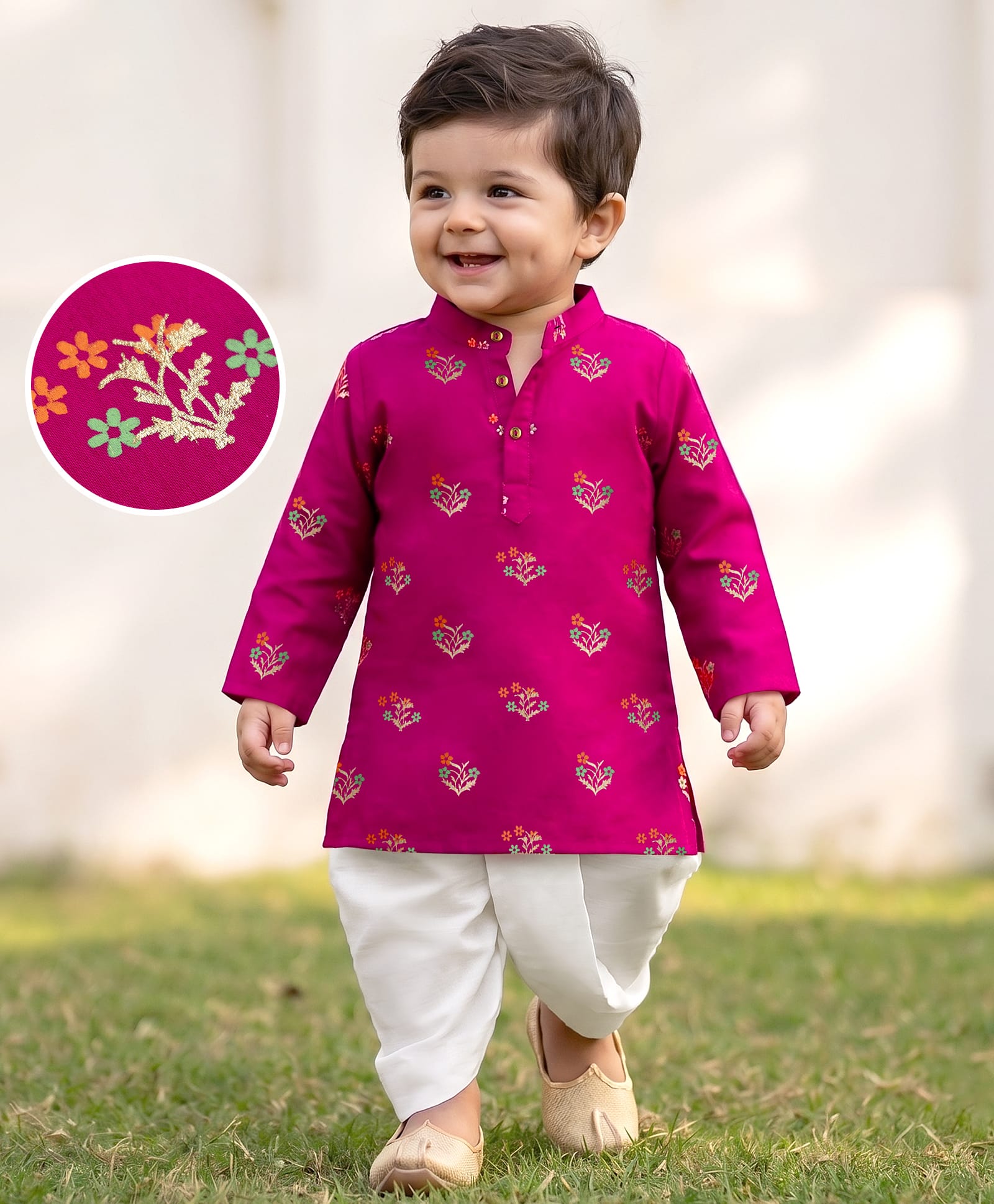 EARTHY TOUCH Cotton Woven Full Sleeves Foil Floral Printed Dhoti Kurta Set - Dark Pink-picture-20