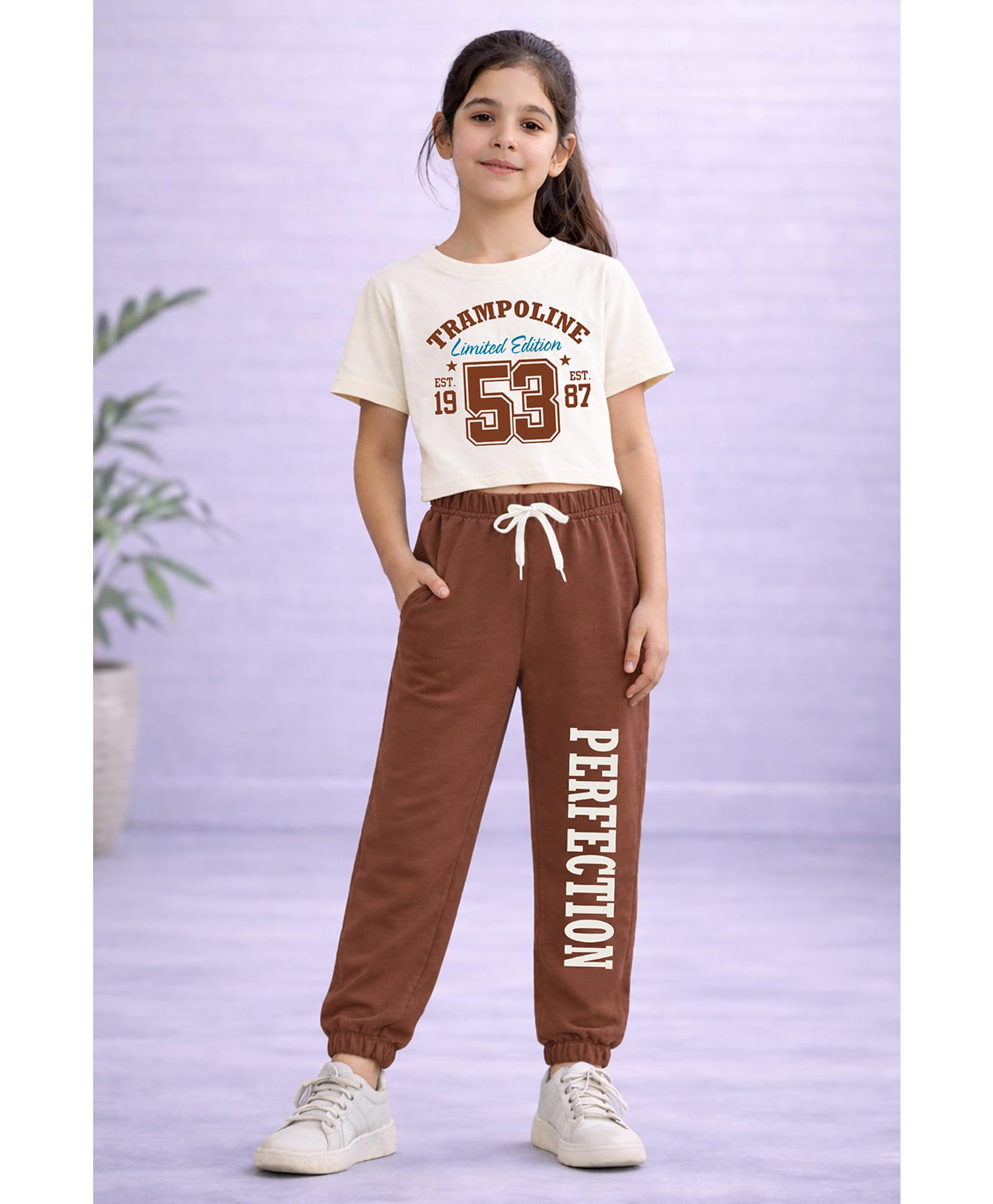Trampoline Cotton Blend Knit Half Sleeves Brand Name Printed Crop Top & Joggers Set - Cream & Brown-image-31