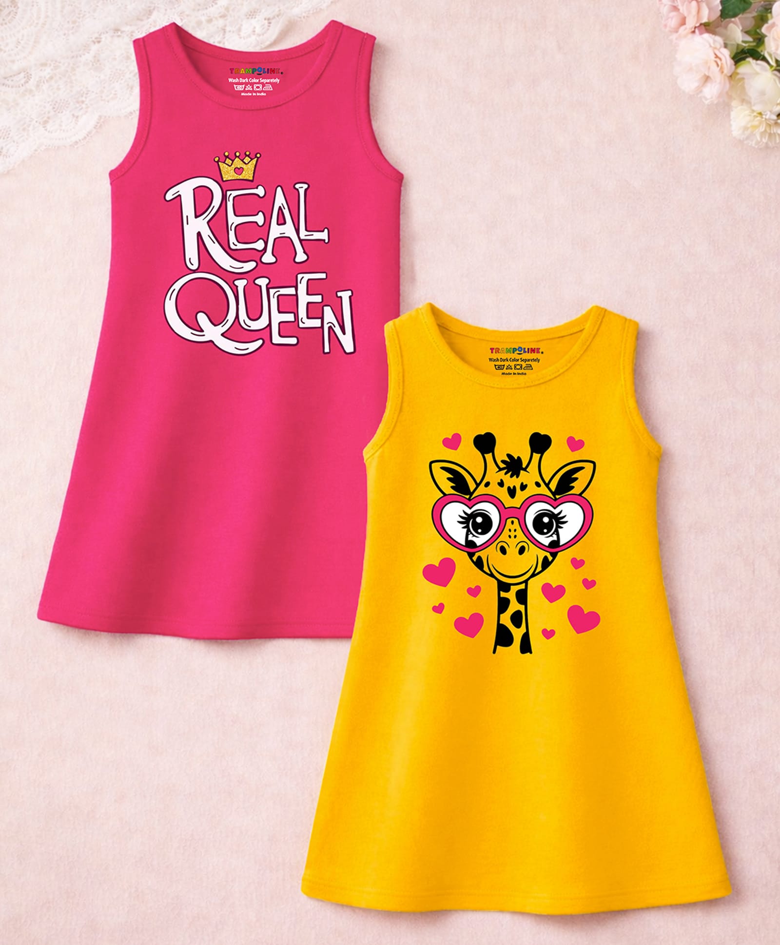 Trampoline Cotton Blend Knit Sleeveless Giraffe & Real Queen Text Printed Dresses - Multi Colour-image-7