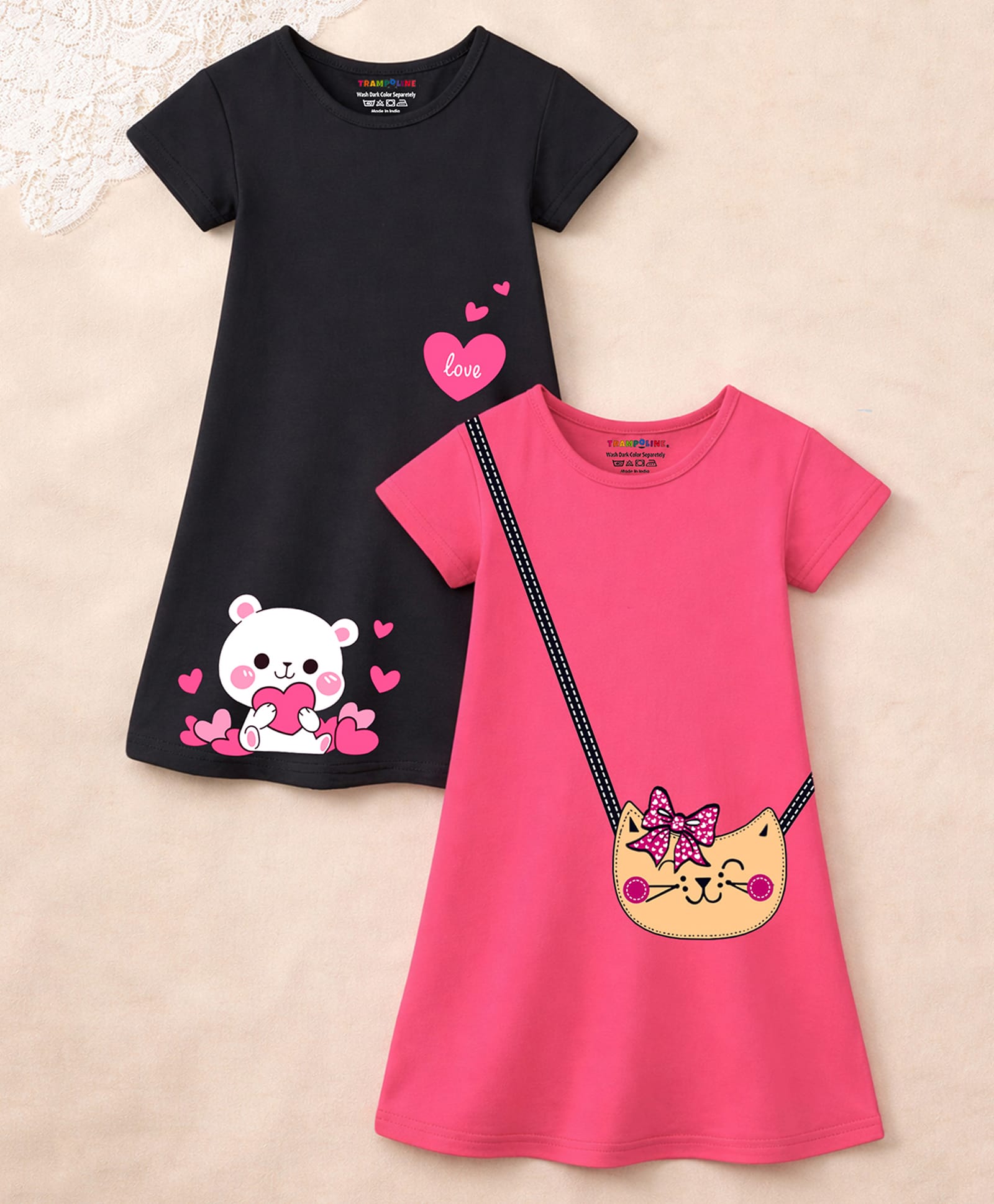 Trampoline Cotton Blend Knit Half Sleeves Teddy Bear & Cat Face Bag Printed Dresses - Pink & Black-image-47