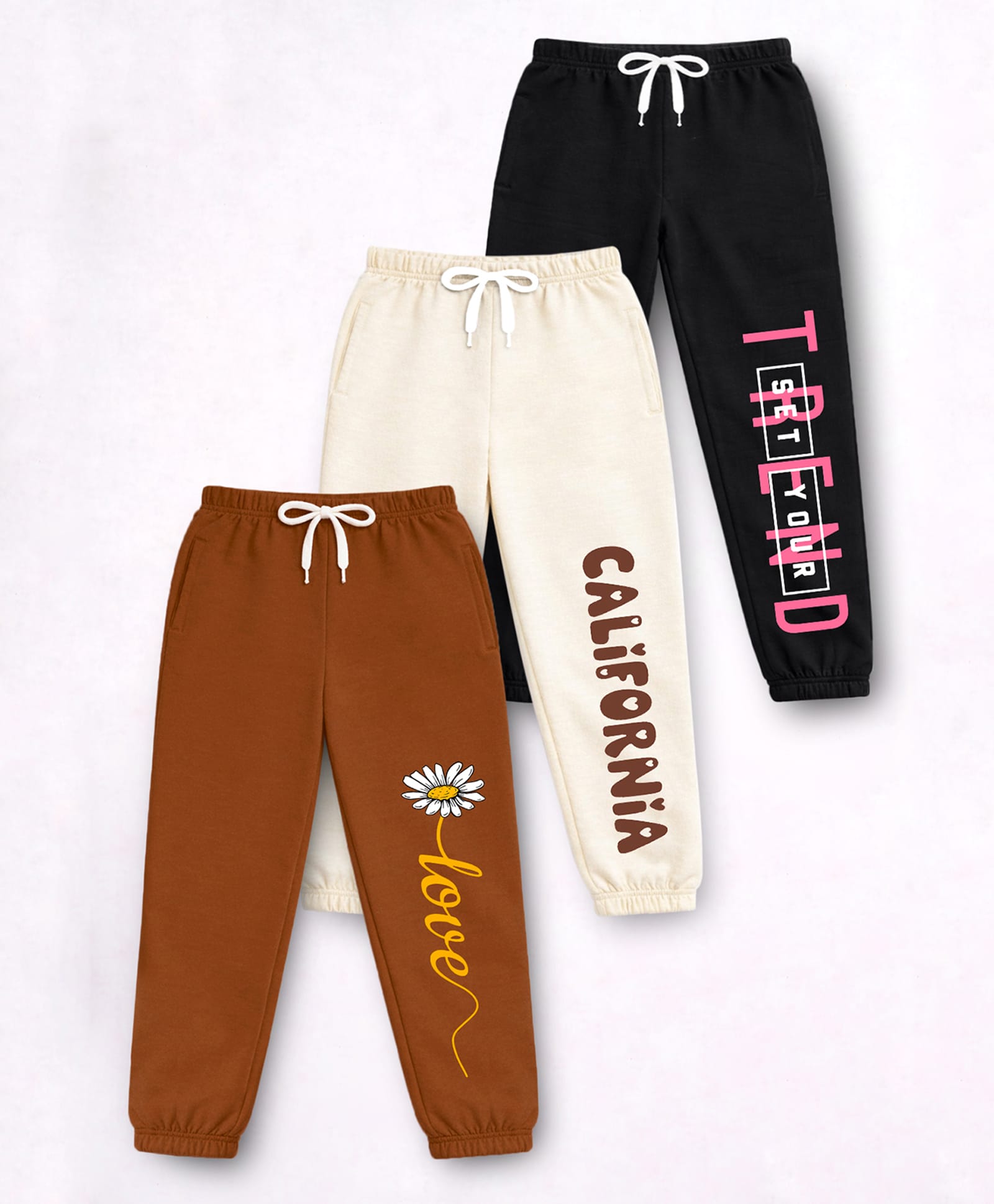 Trampoline Cotton Blend Knit Pack Of 3 Love & California Text Printed Track Pants - Brown Cream & Black-image-18