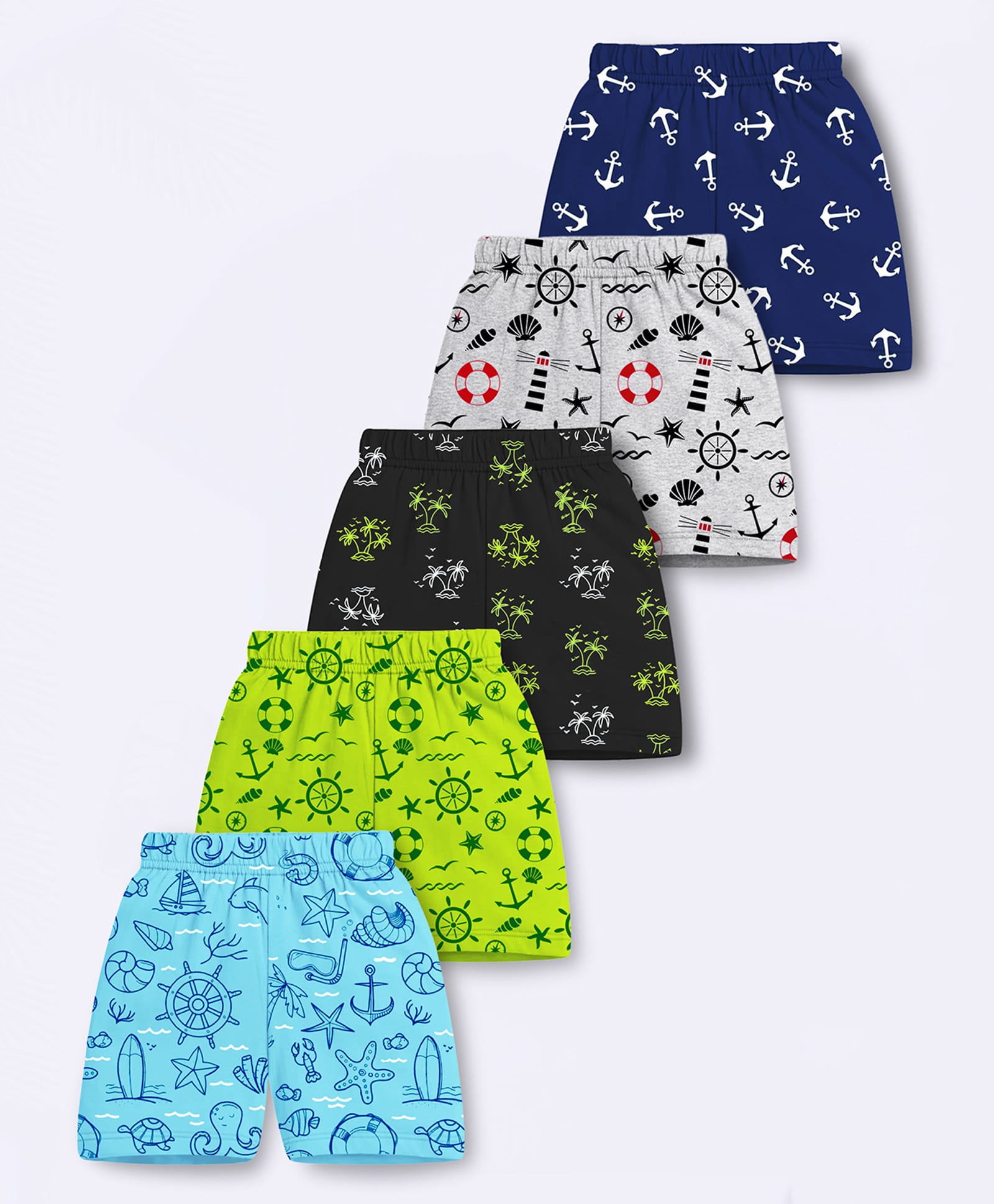 Trampoline Cotton Blend Knit Pack Of 5 Nautical Theme & Sea Life Printed Shorts - Multi Colour-image-19