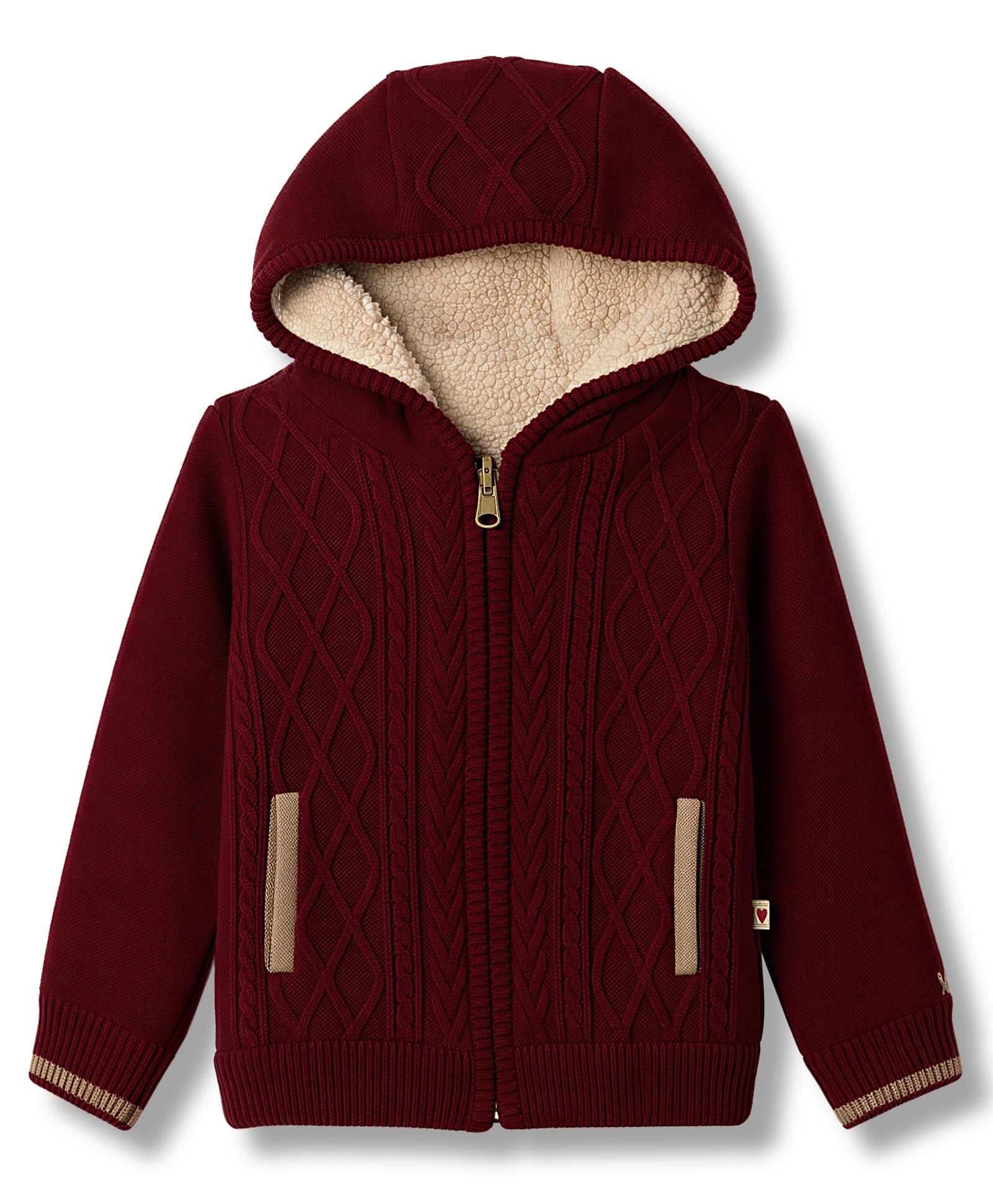 Yellow Apple Knit Full Sleeves Hooded Solid Colour Front open Sweater with Cable Knit Design - Maroon-picture-26
