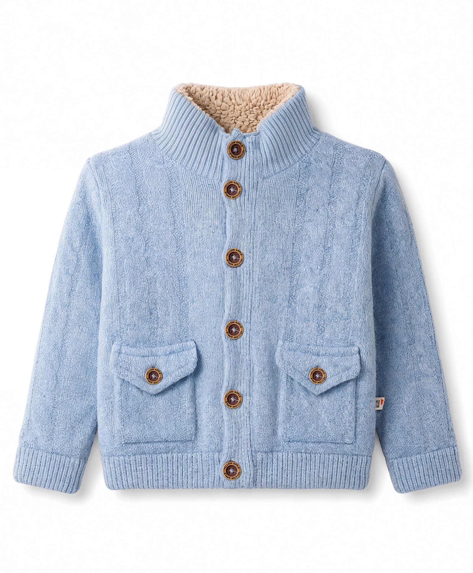 Yellow Apple Knit Full Sleeves Solid Colour Front Open High Neck Sweater -Sky-image-6