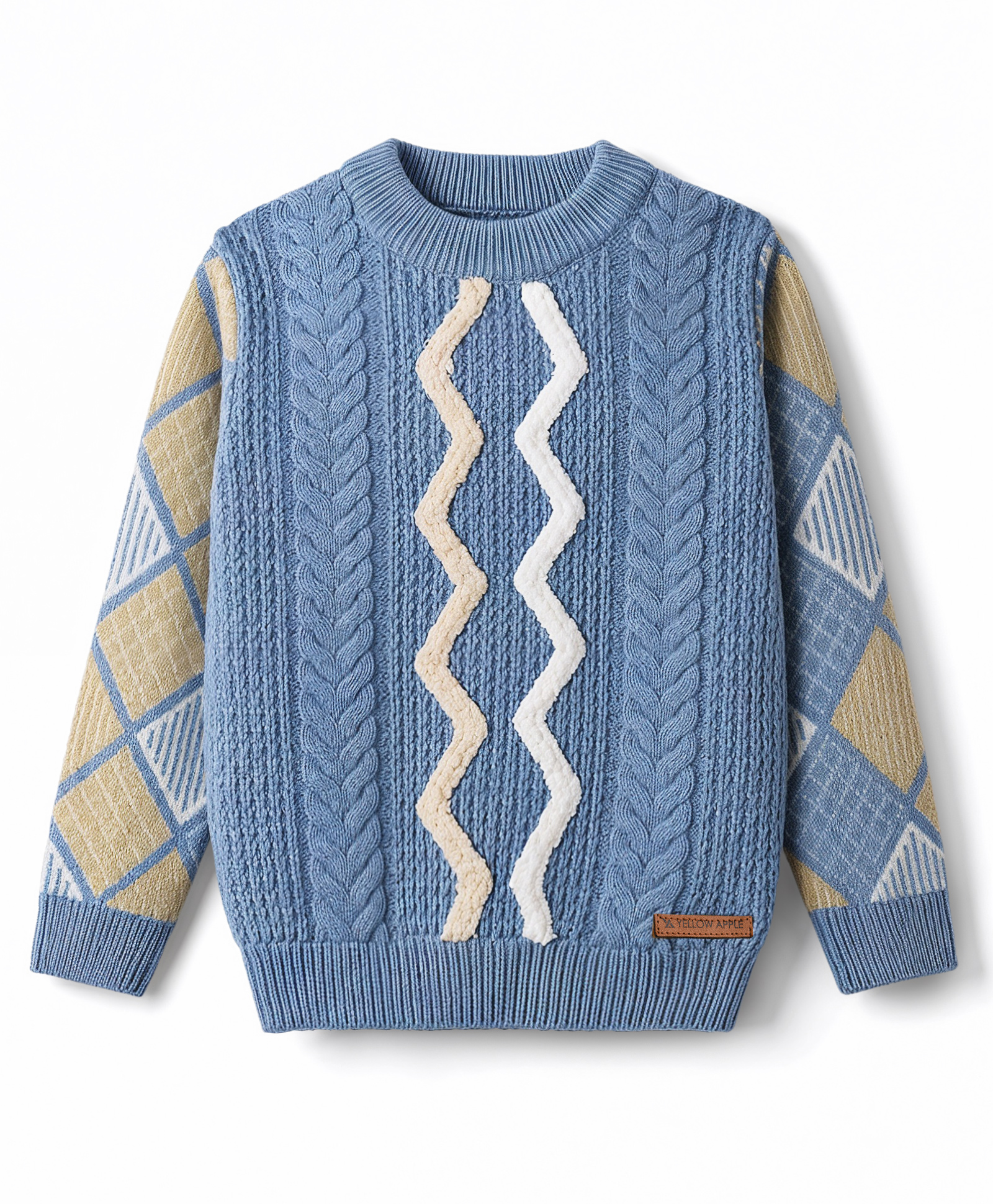 Yellow Apple Knit Full Sleeves Pullovers with Argyle & Cable Knit Design - Light Blue-picture-33