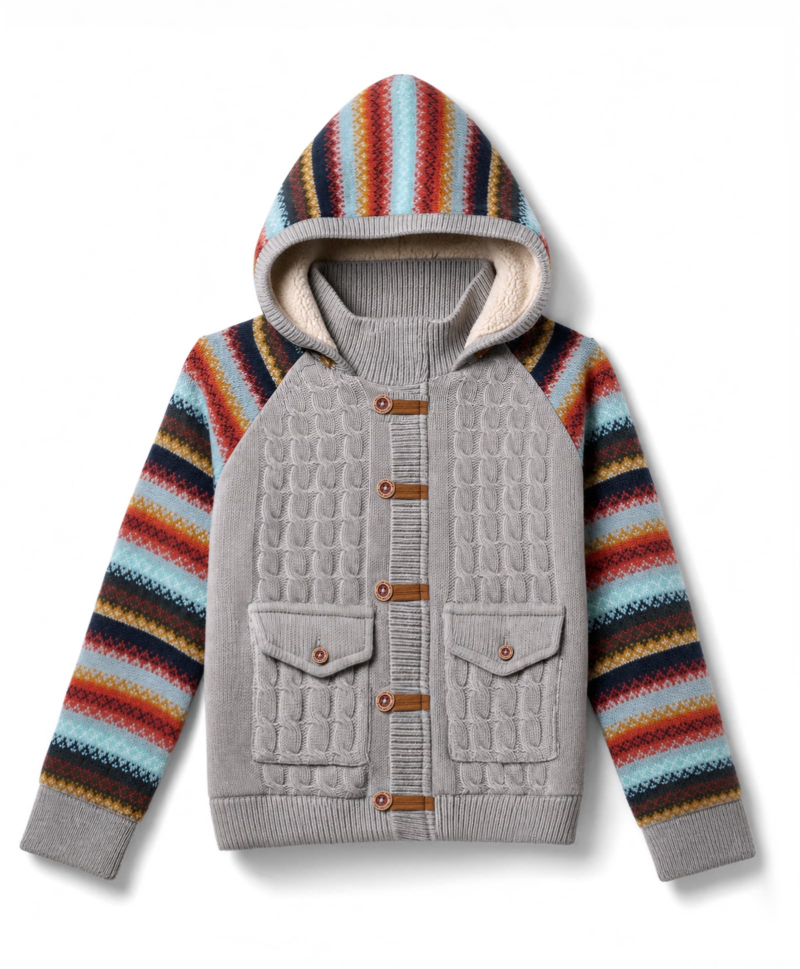 Yellow Apple Knit Hoodie with Full Sleeves and Striped Pattern - Grey-picture-22