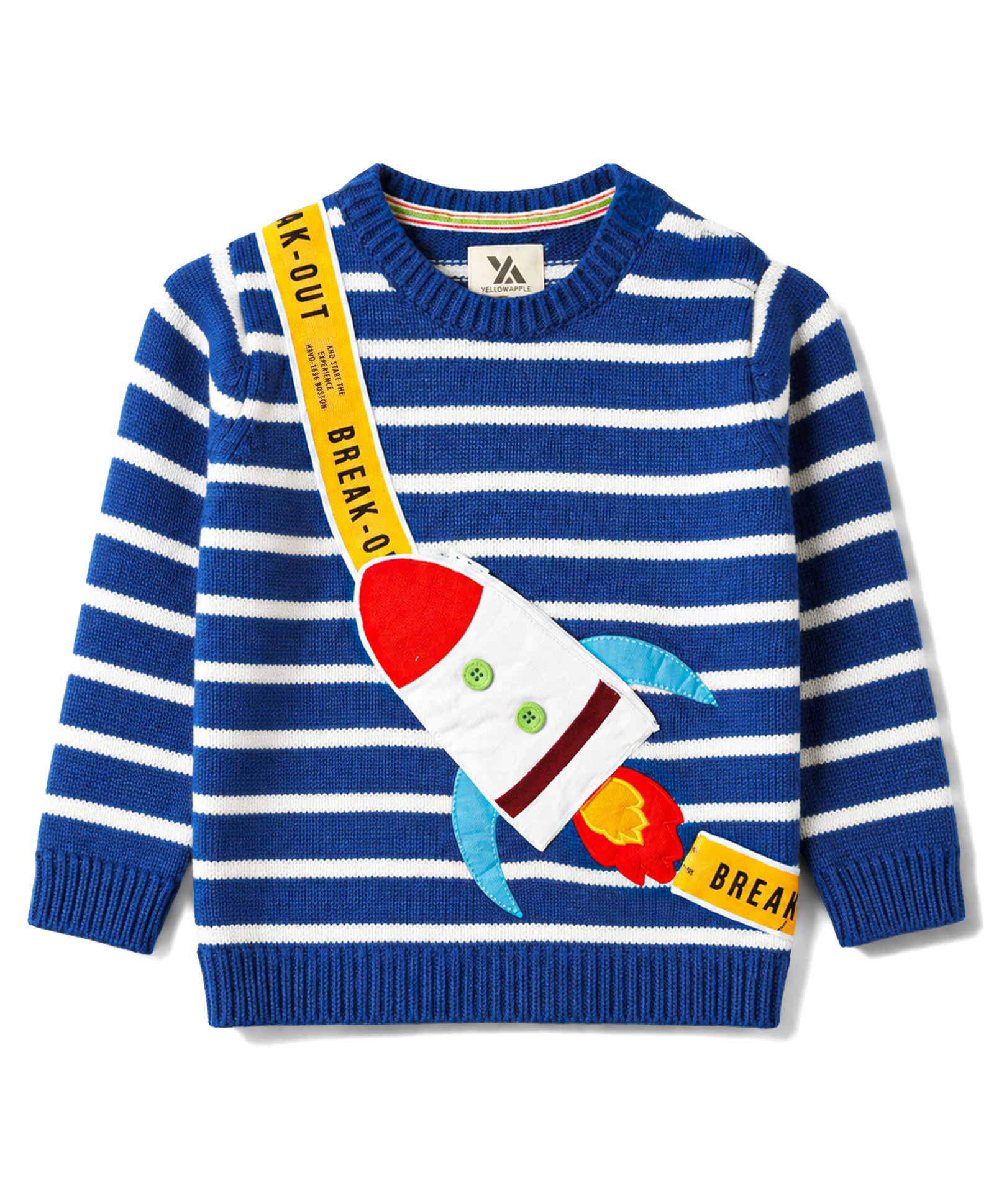 Yellow Apple Knit Full Sleeves Striped Pullover with Attached Pouch Applique- Royal Blue-picture-25