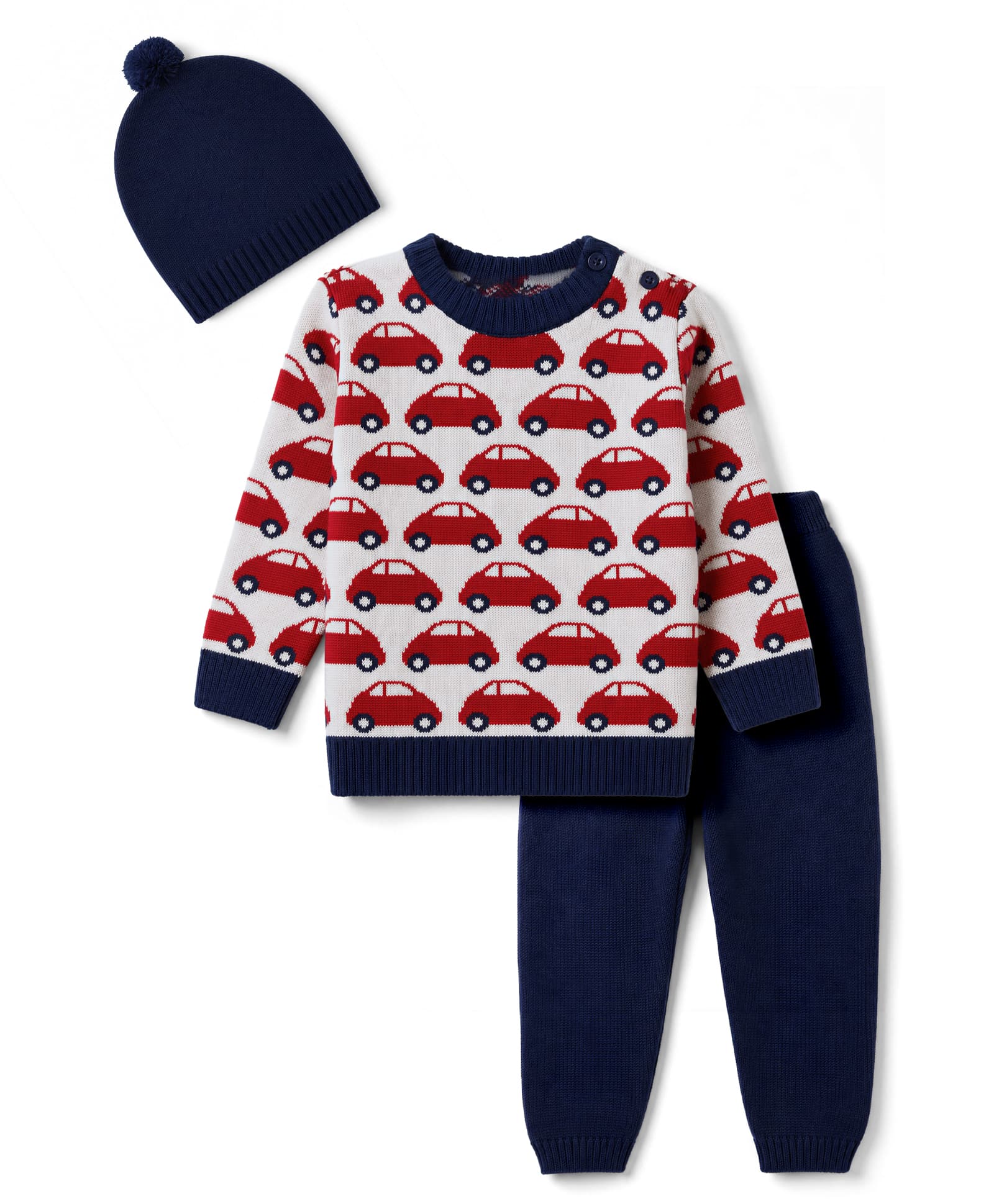 Babyhug Knit Full Sleeves Car Design Sweater Set with Cap - Red-image-40