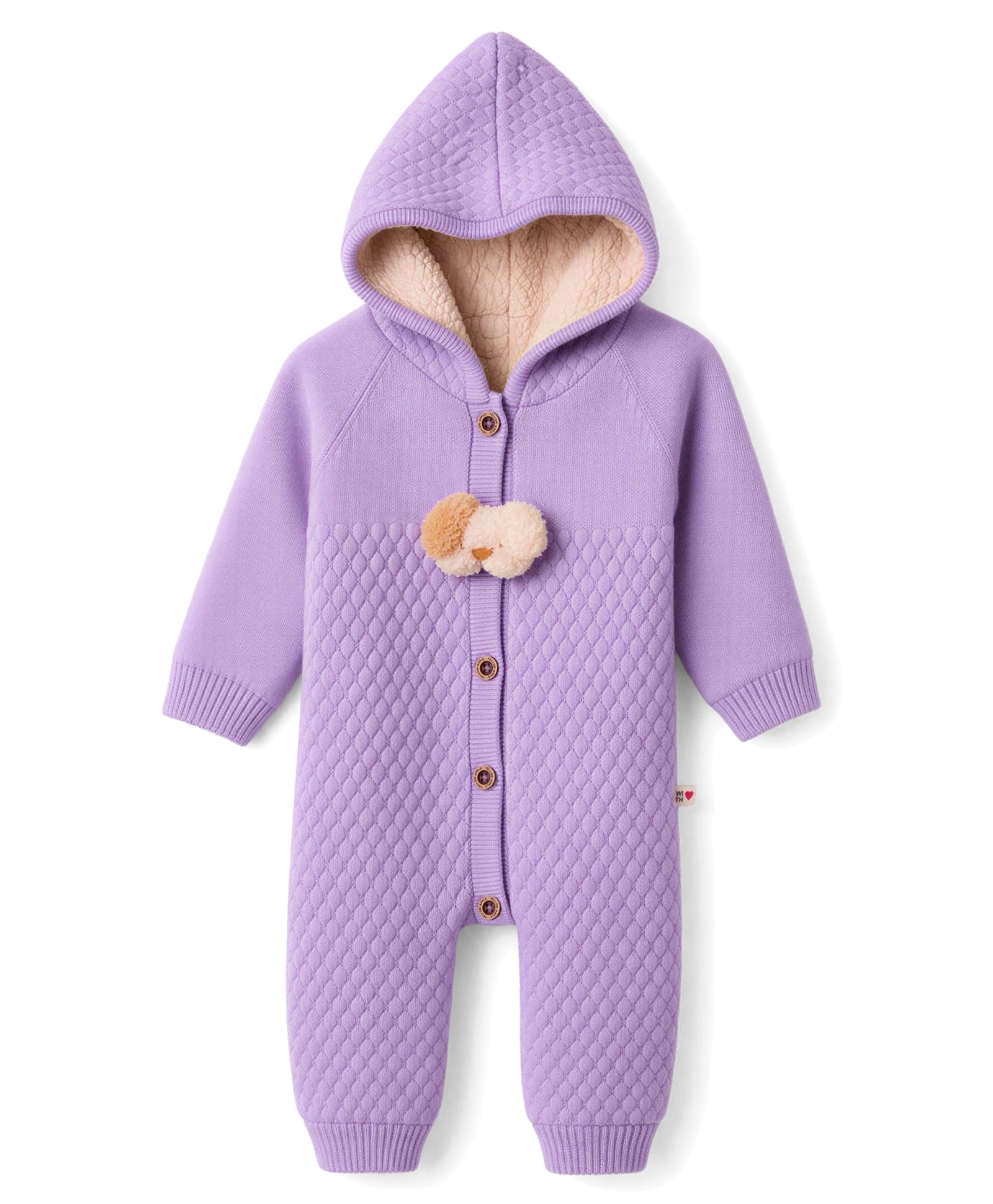 Yellow Apple Knit Full Sleeves Hooded Winter Wear Romper With Quilted Knit Texture - Purple-image-14