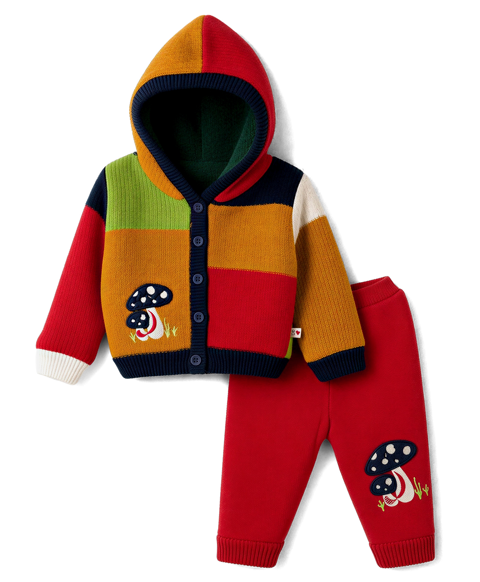 Yellow Apple Knit Full Sleeves Hooded Colour Block Sweater Set with Frog Umbrella Design - Rust Orange-image-2