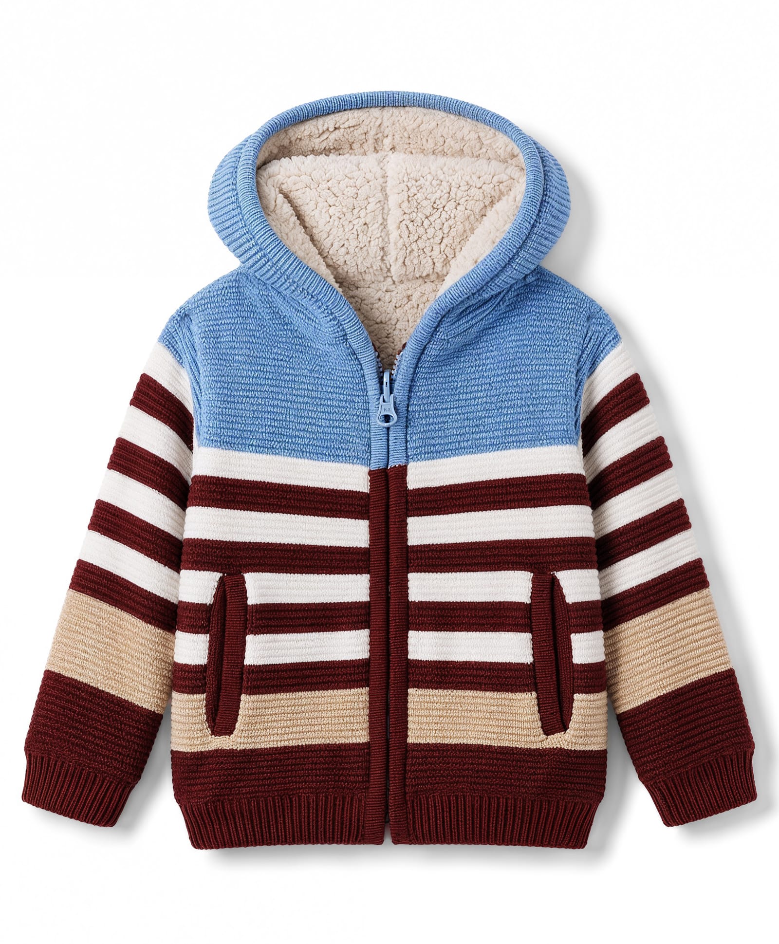 Yellow Apple Knit Full Sleeves Striped Hooded Sweat Jacket -Sky-image-41