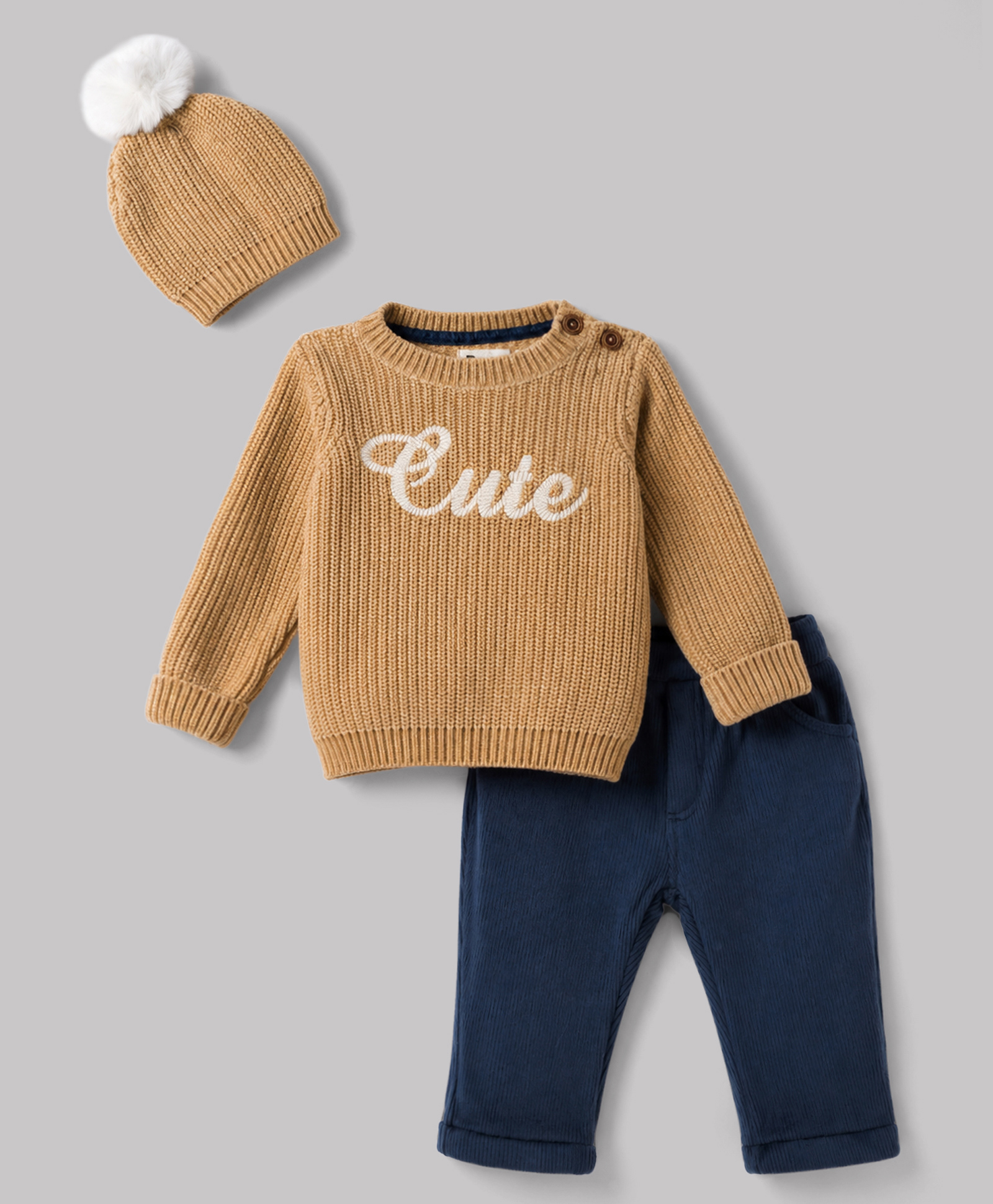Yellow Apple Knit Full Sleeves Cute Designed Sweater Set with Cap- Tan-image-31