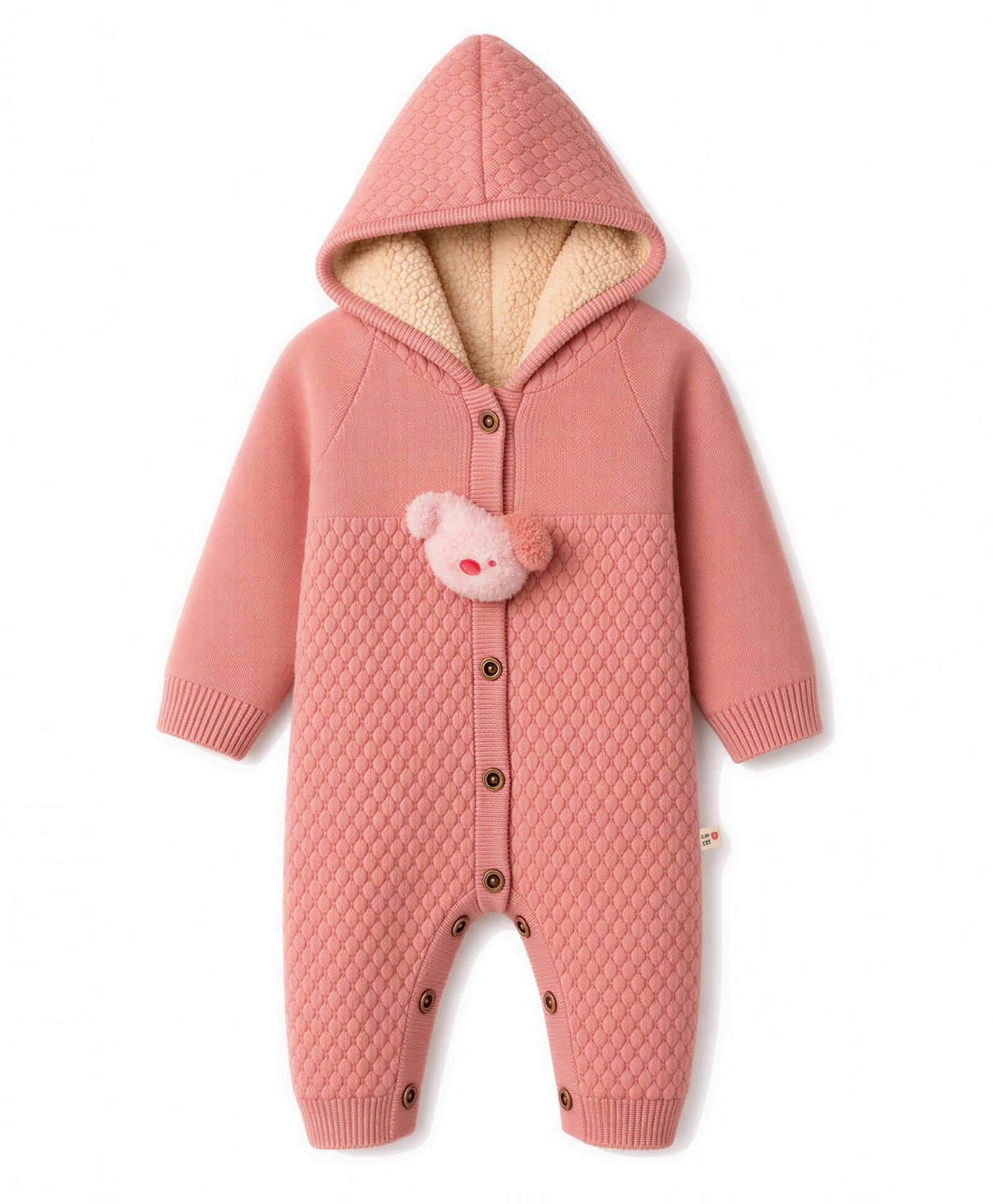 Yellow Apple Knit Full Sleeves Hooded Winter Wear Romper With Quilted Knit Texture - Dark Peach-image-41
