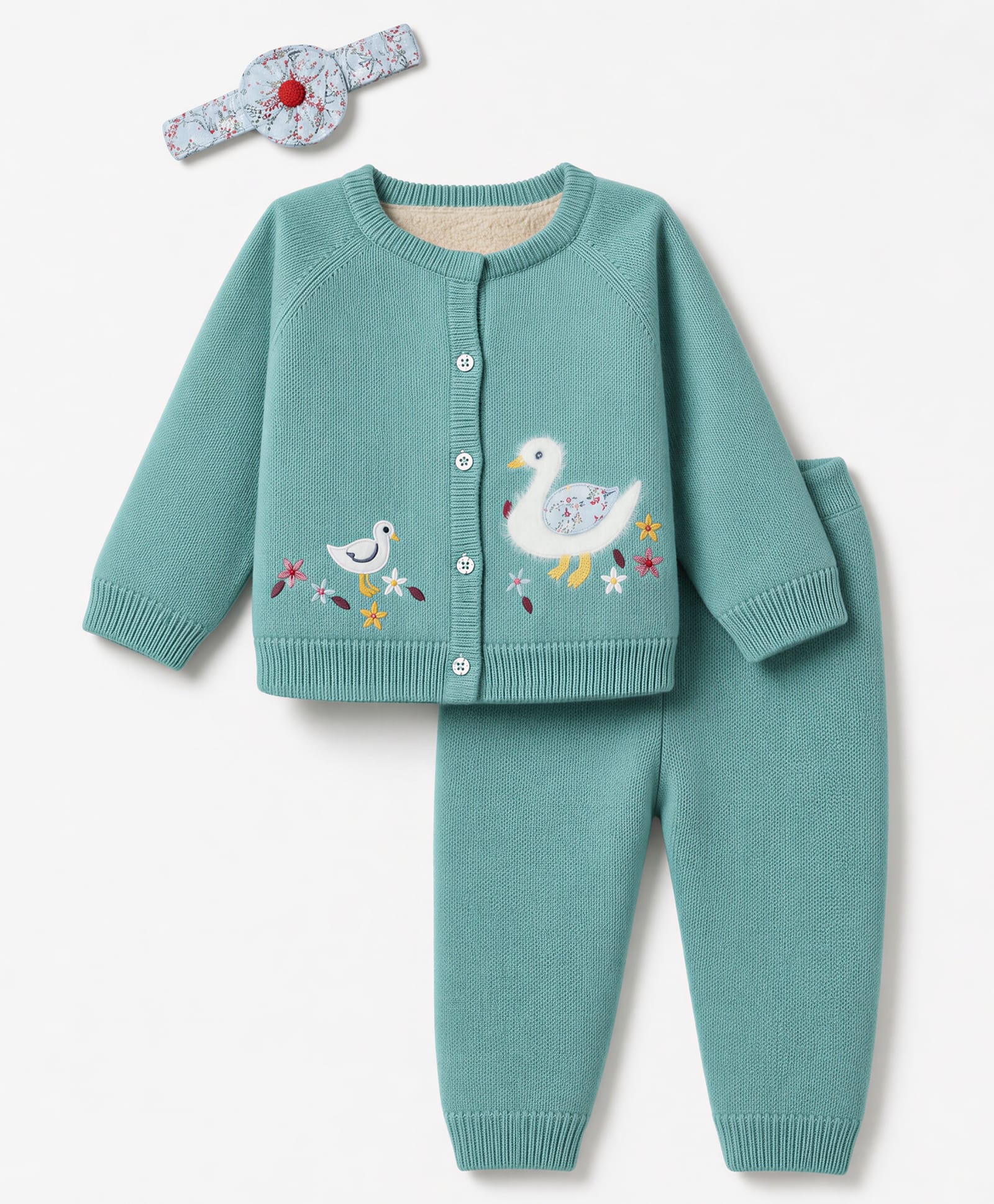 Yellow Apple Knit Full Sleeves Floral & Duck Embroidered Sweater Set With Headband - Teal Blue-picture-16