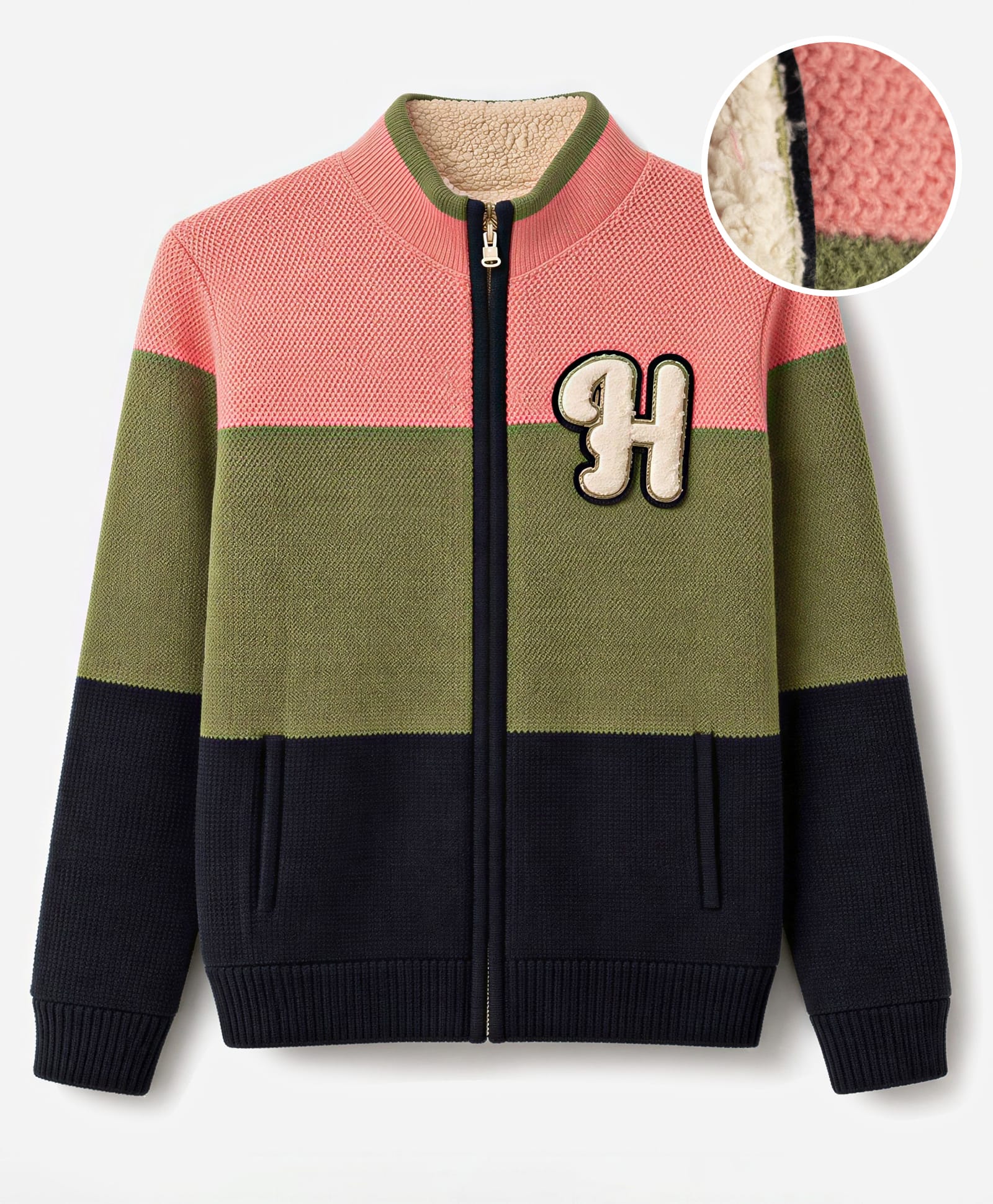 Yellow Apple Knit Full Sleeves Colour Block Designed Front Open Sweater - Pink Olive & Navy-image-43