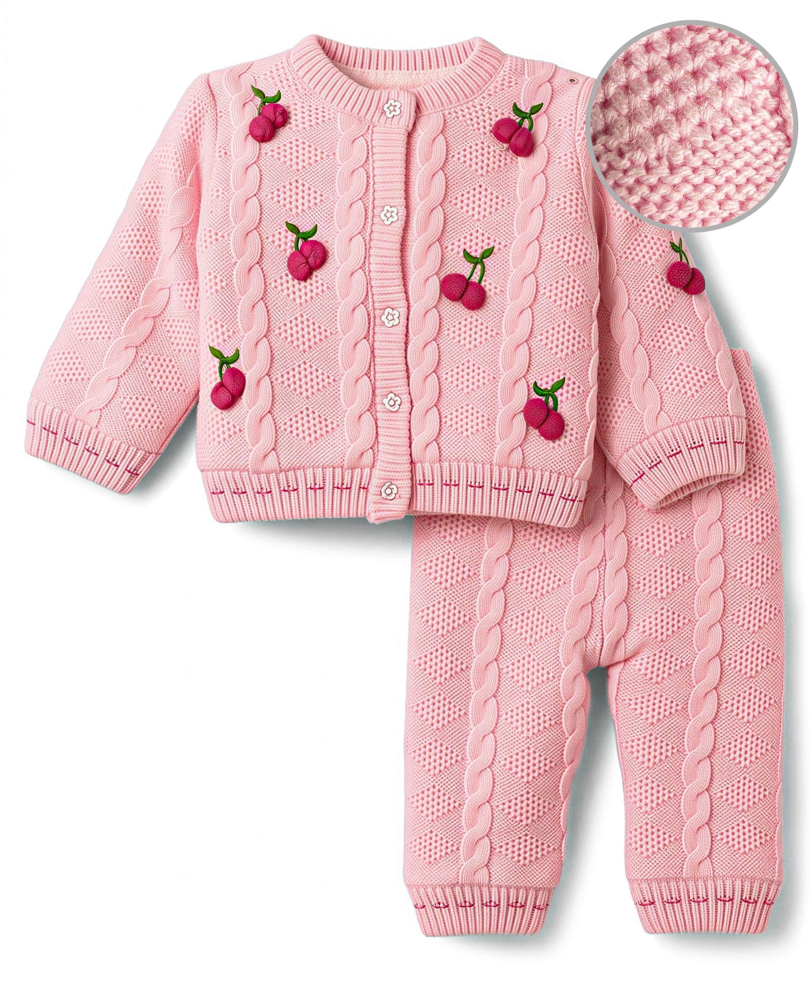 Yellow Apple Knit Full Sleeves Front Open Sweater Set with Cable Knit Design & Berry Embroidered - Pink-picture-13