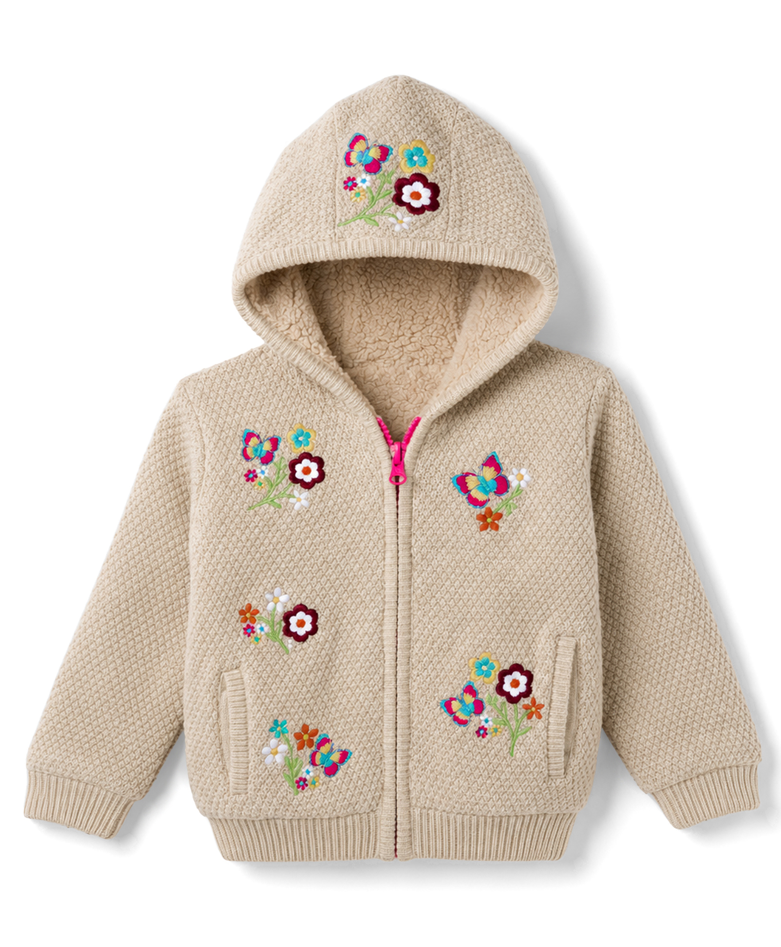 Yellow Apple Knit Full Sleeves Hooded Floral Embroidered Front Open Sweater - Cream-image-25