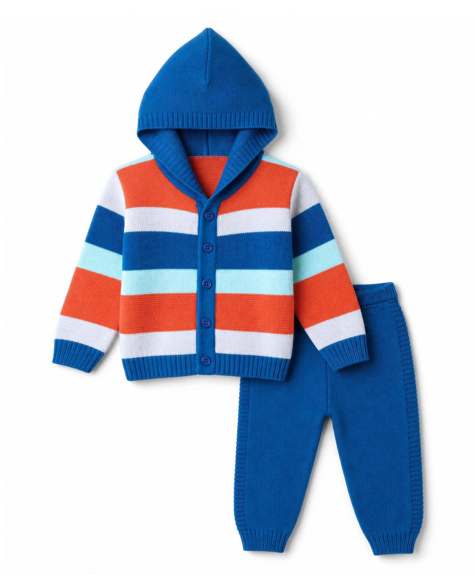 Babyhug Knit Full Sleeves Striped Hooded Sweater Set -Blue-image-17