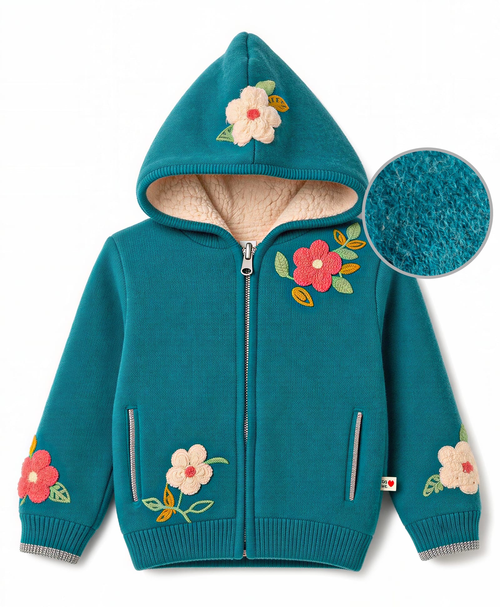 Yellow Apple Knit Full Sleeves Hooded Floral Embroidered Front Open Sweater - Teal Blue-image-38