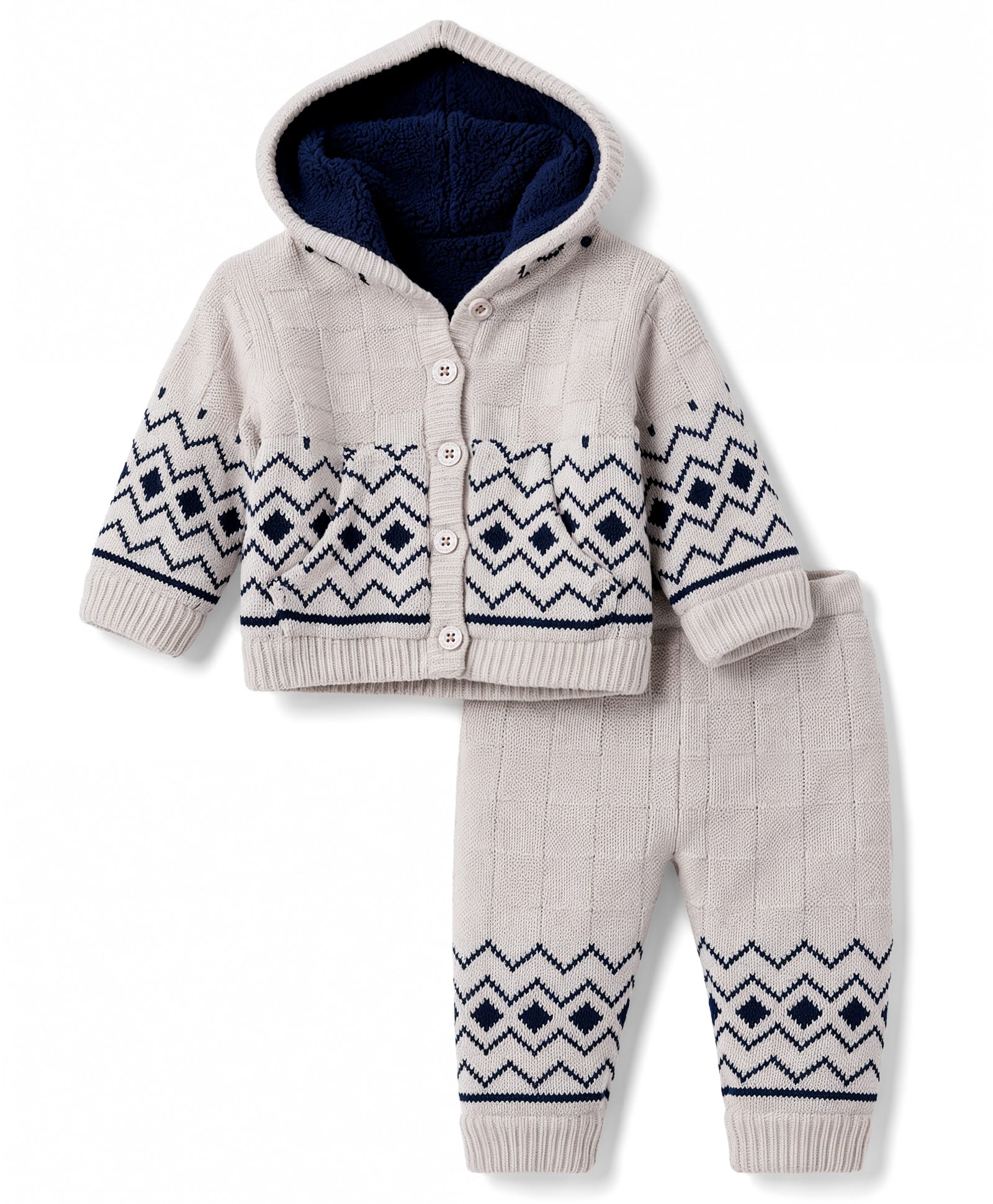 Yellow Apple Knit Full Sleeves Front Open Hooded Sweater Set with Argyle Design -Beige-picture-33