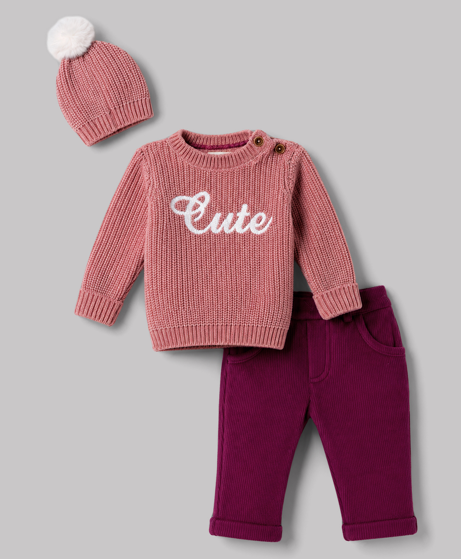 Yellow Apple Knit Full Sleeves Baby Sweater Set with Text Design & Cap - Rose Gold-image-24