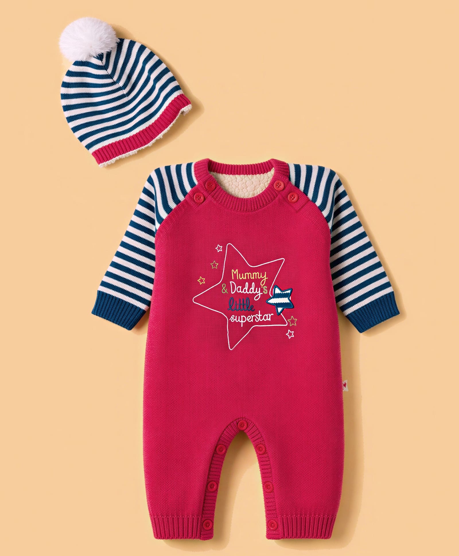 Yellow Apple Knit Full Sleeves Rompers With Text Embroidery & Cap - Red-image-21