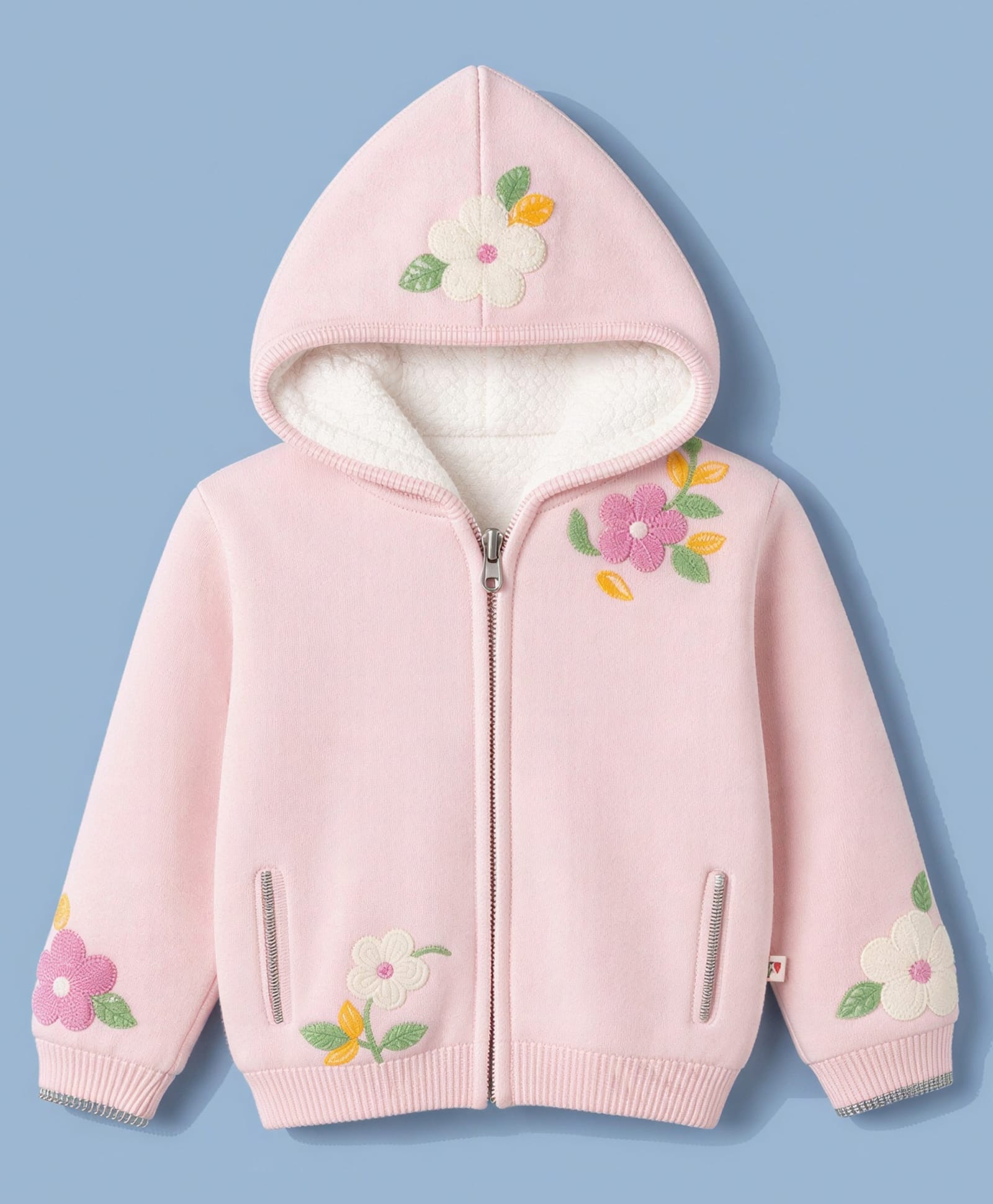 Yellow Apple Knit Full Sleeves Hooded Floral Embroidered Front Open Sweater - Pink-picture-16