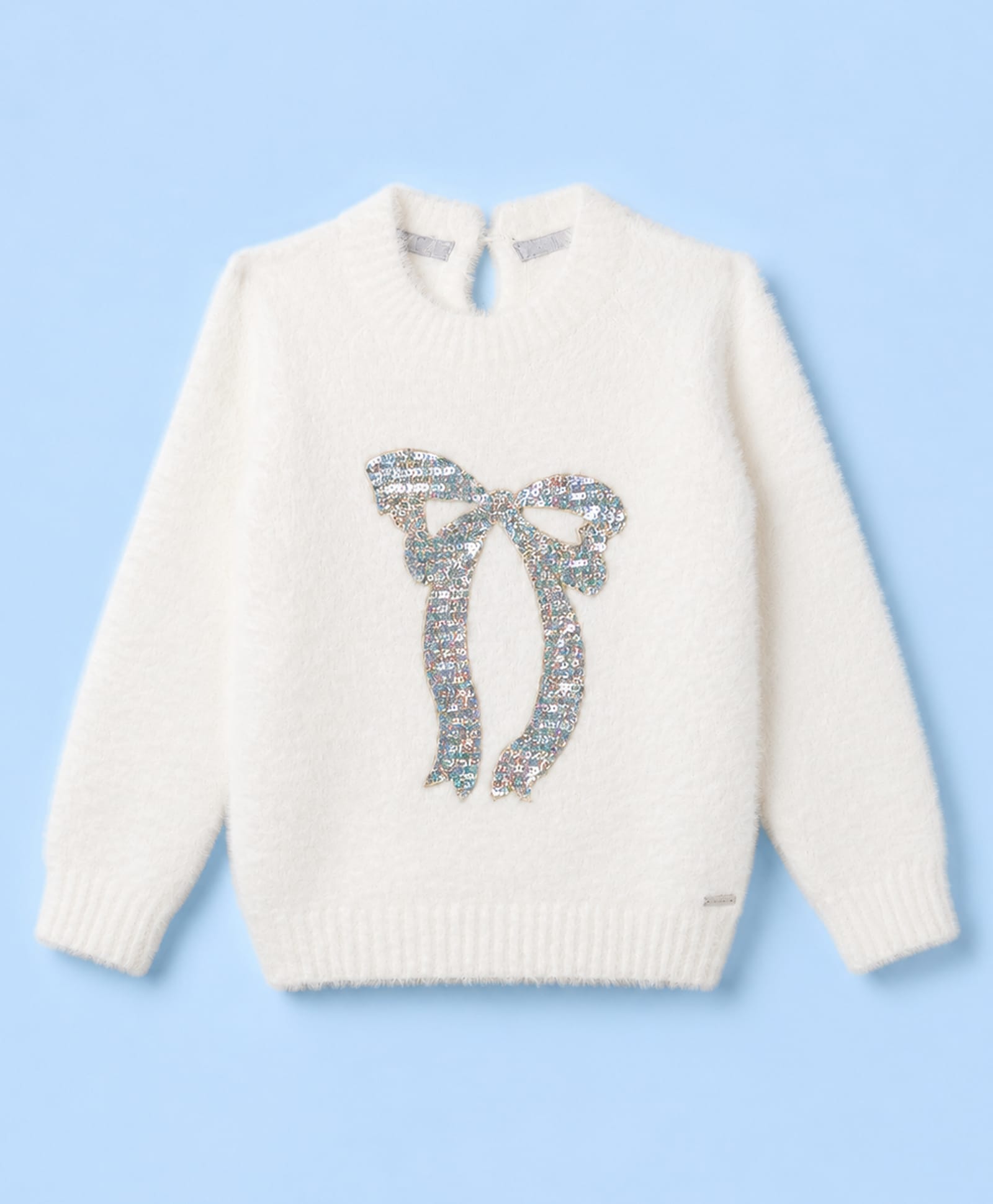 Yellow Apple Knit Full Sleeves Solid Colour Pullover with Sequinned Bow Design- White-picture-24