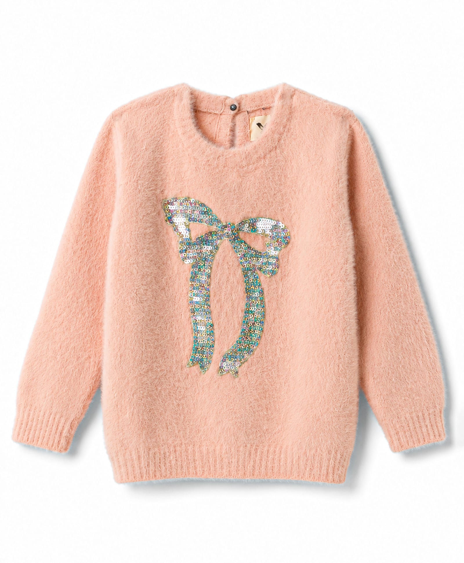 Yellow Apple Knit Full Sleeves Pullover with Sequinned Bow Design - Peach-picture-24
