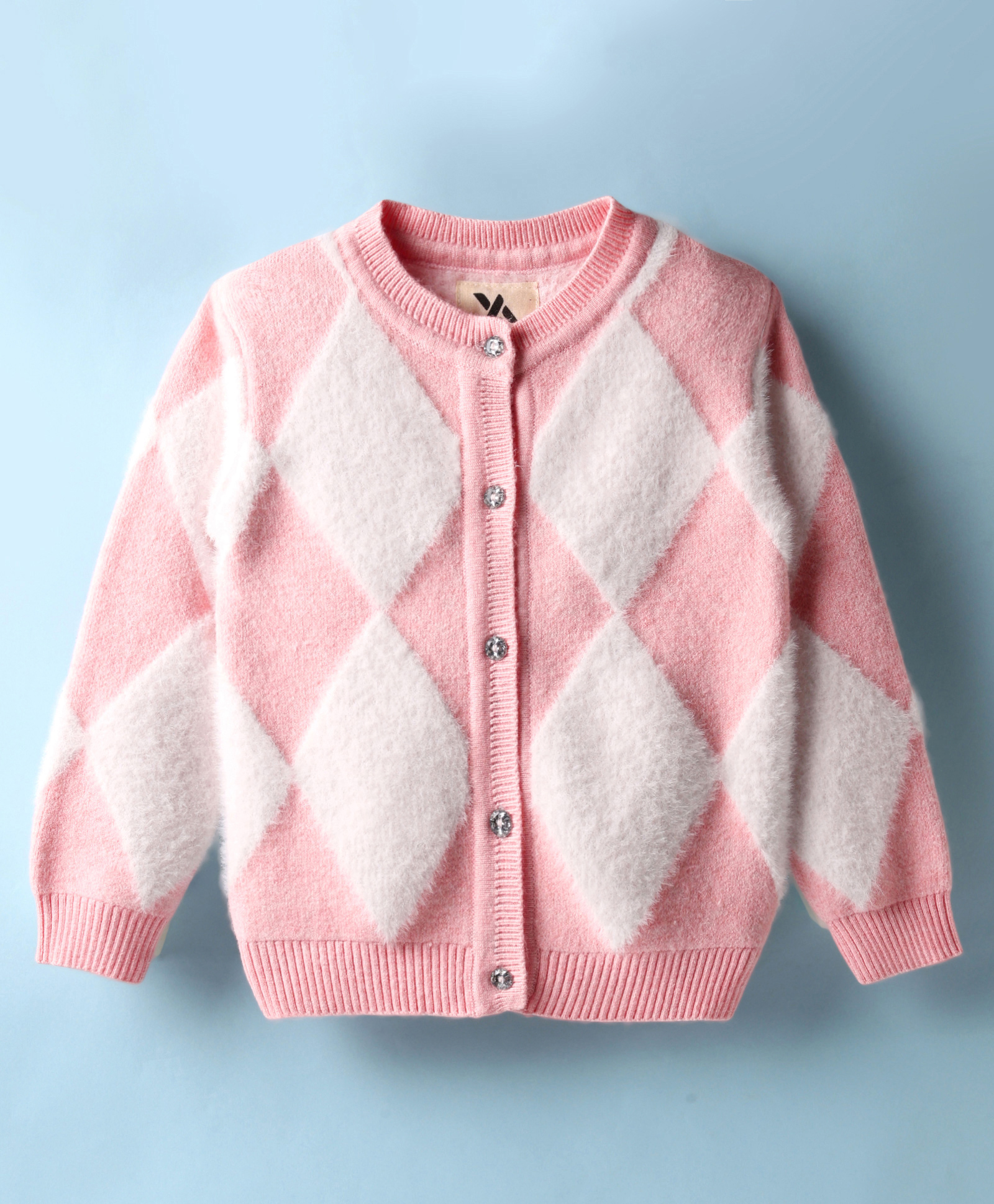 Yellow Apple Knit Full Sleeves Argyle Designed Front Open Sweater - Pink-picture-26