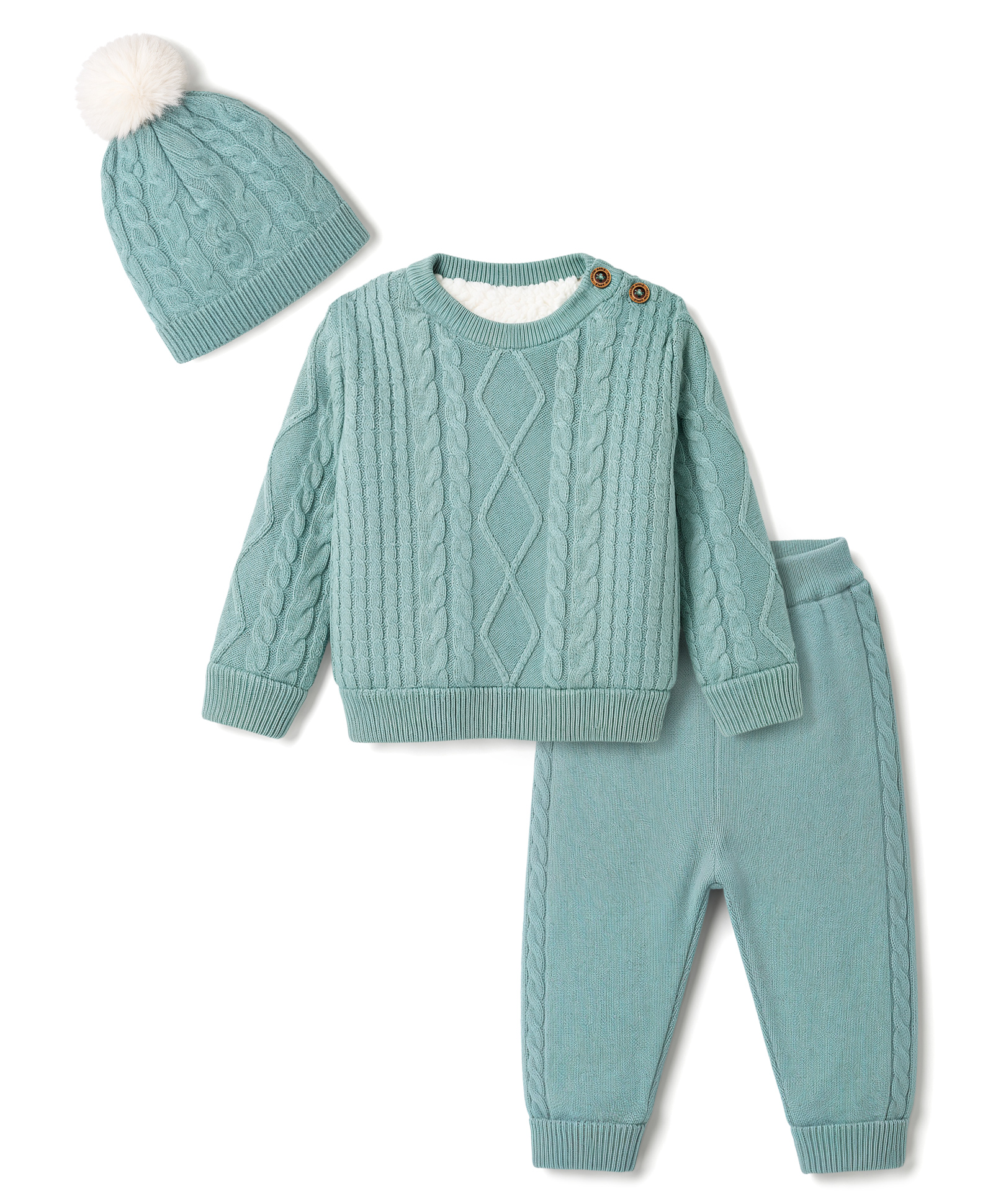 Yellow Apple Knit Full Sleeves Cable Knit Designed Solid Colour Sweater Set with Cap- Turquoise-picture-27