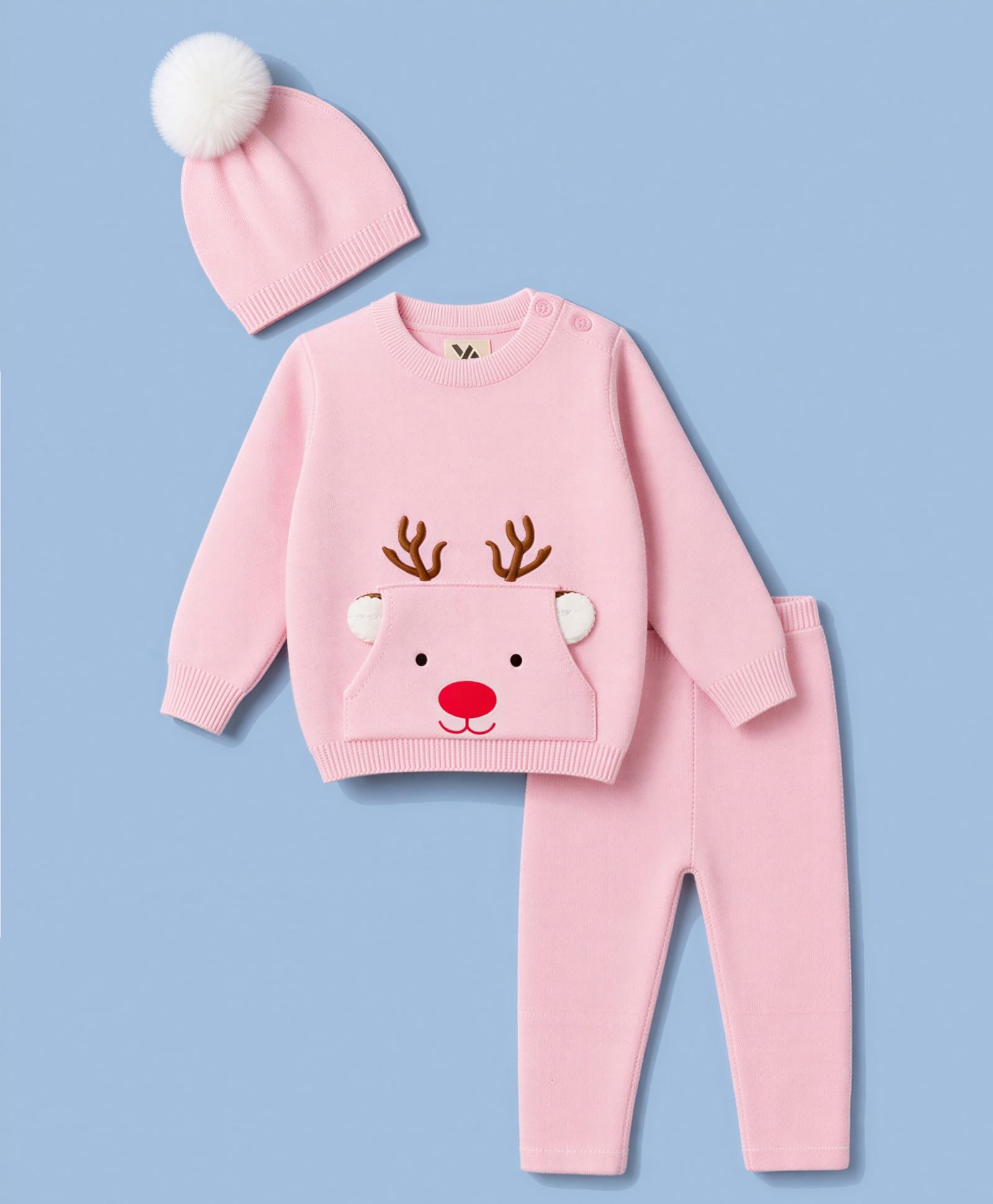 Yellow Apple Knit Full Sleeves Baby Sweater Sets With Reindeer Embroidery & Cap - Baby Pink-image-42